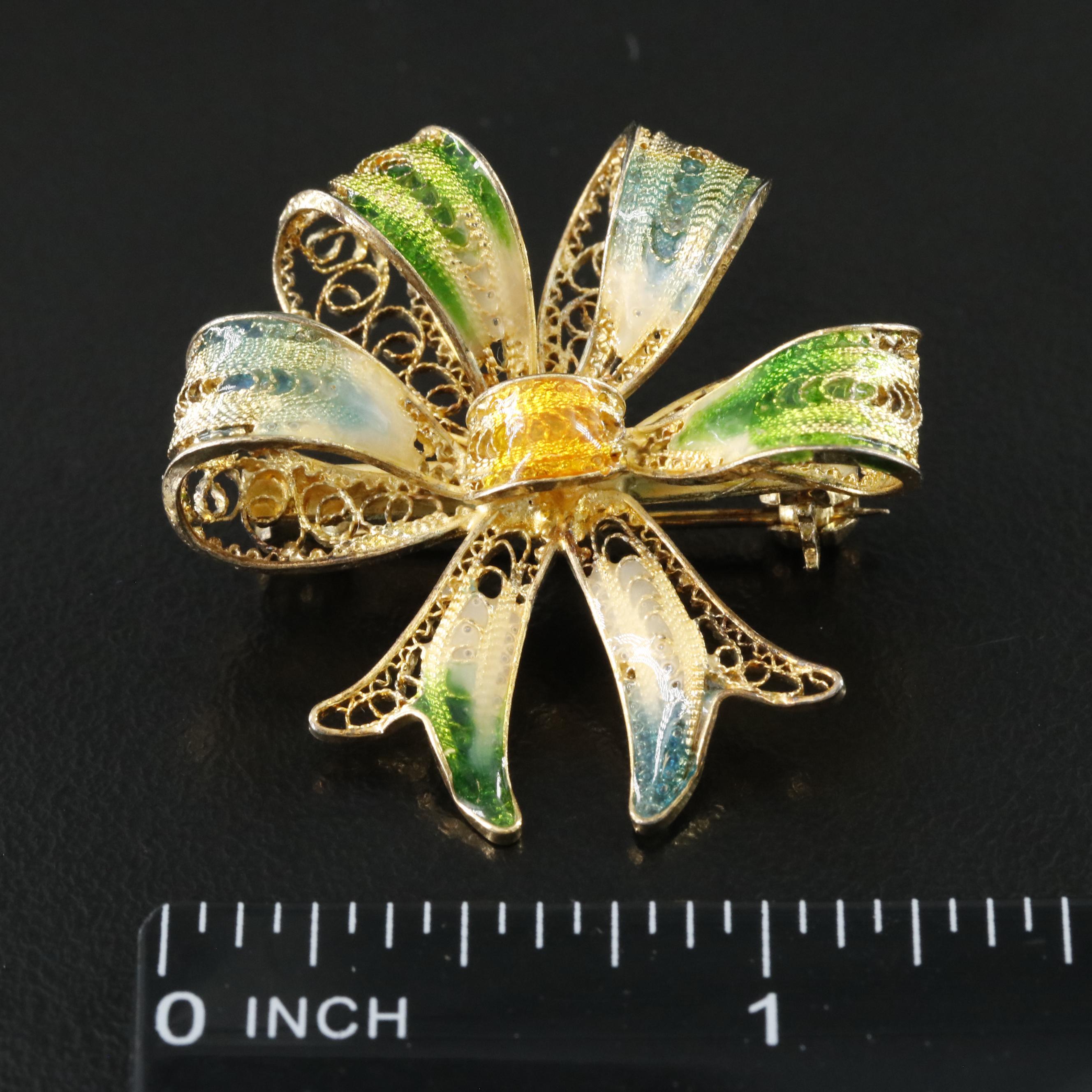 Italian 800 Silver Enamel Bow Brooch