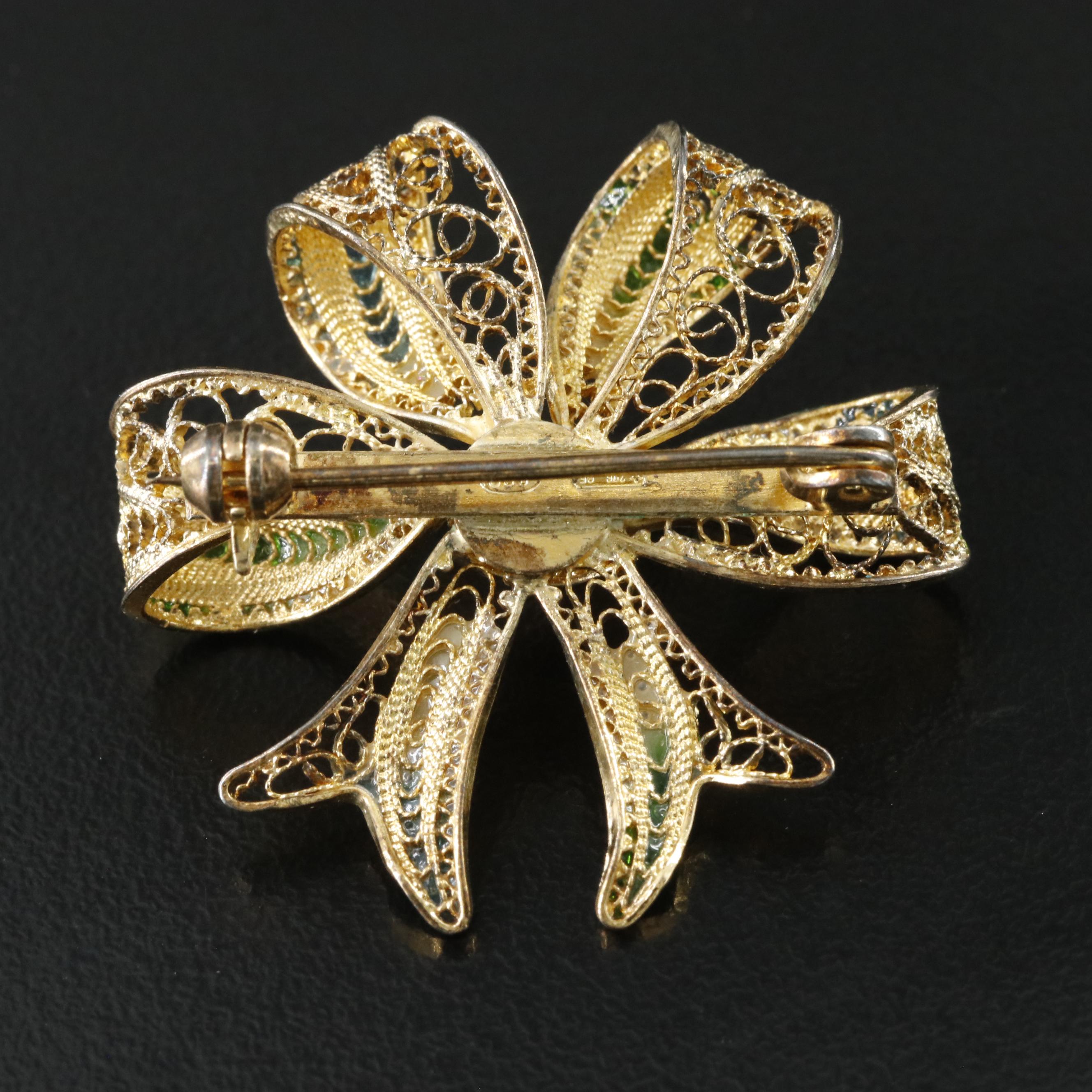 Italian 800 Silver Enamel Bow Brooch