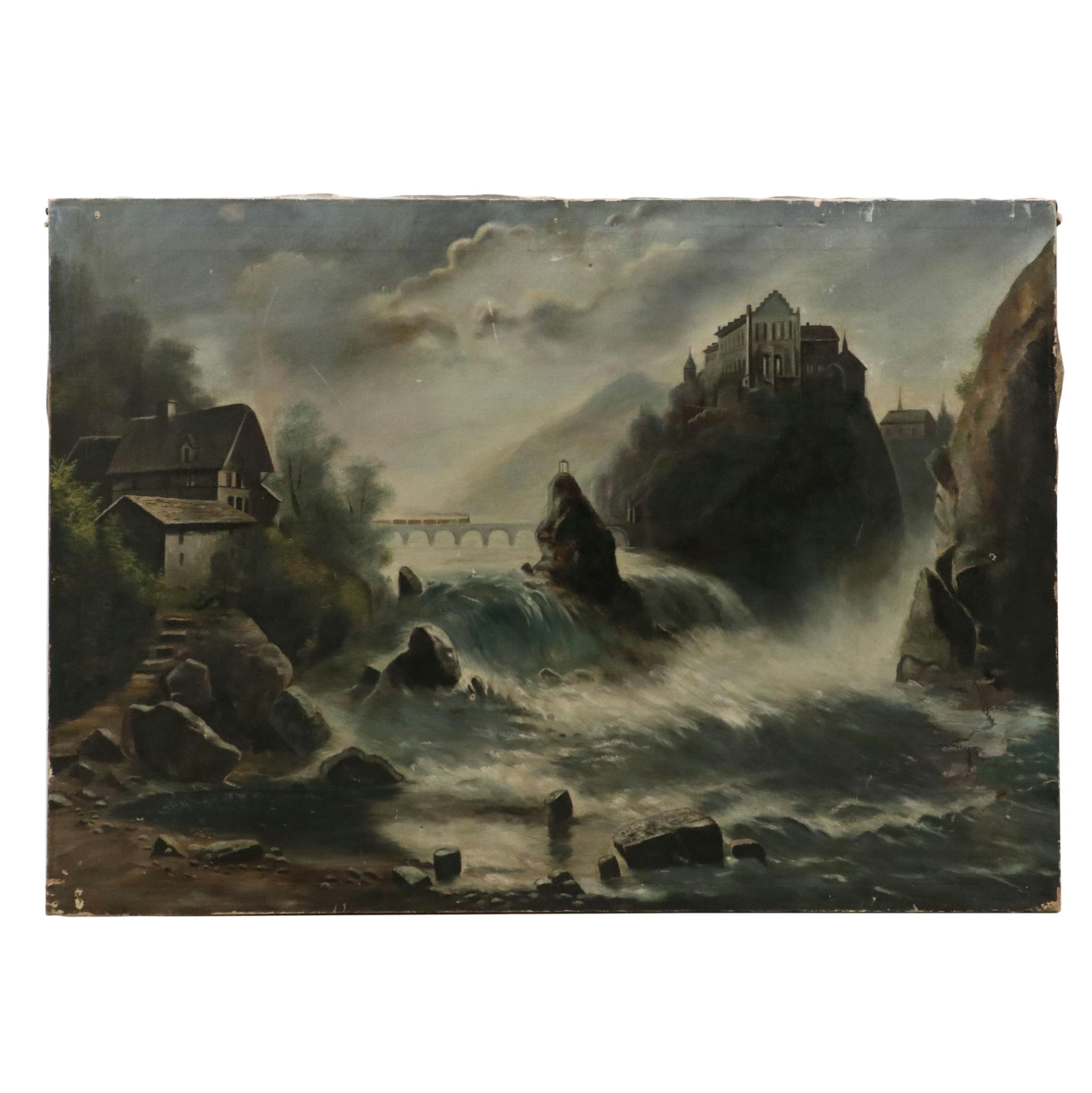 Landscape Oil Painting of Waterfall Scene with Rocky Cliffs
