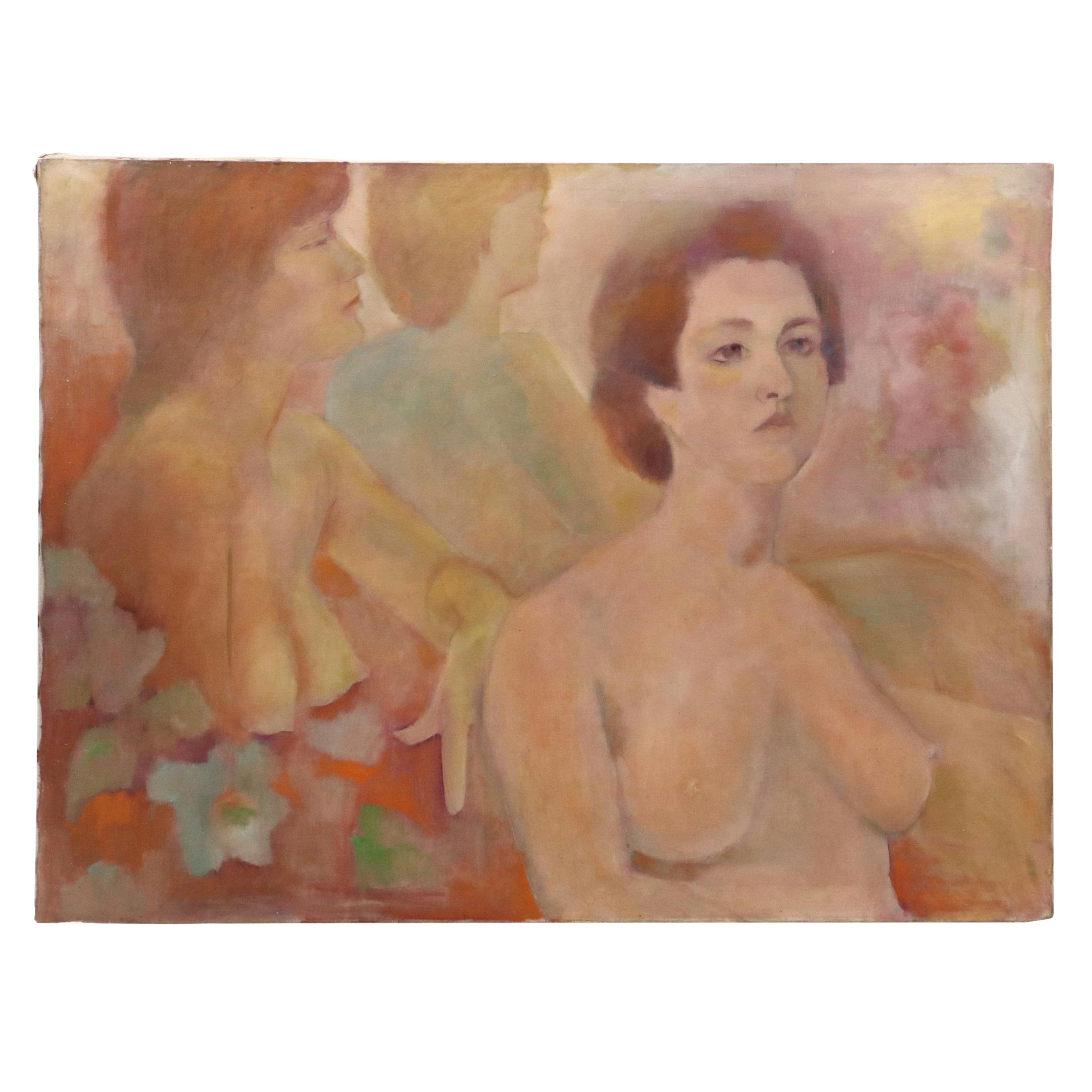 Impressionistic Style Oil Portrait of Nude Women with Flowers