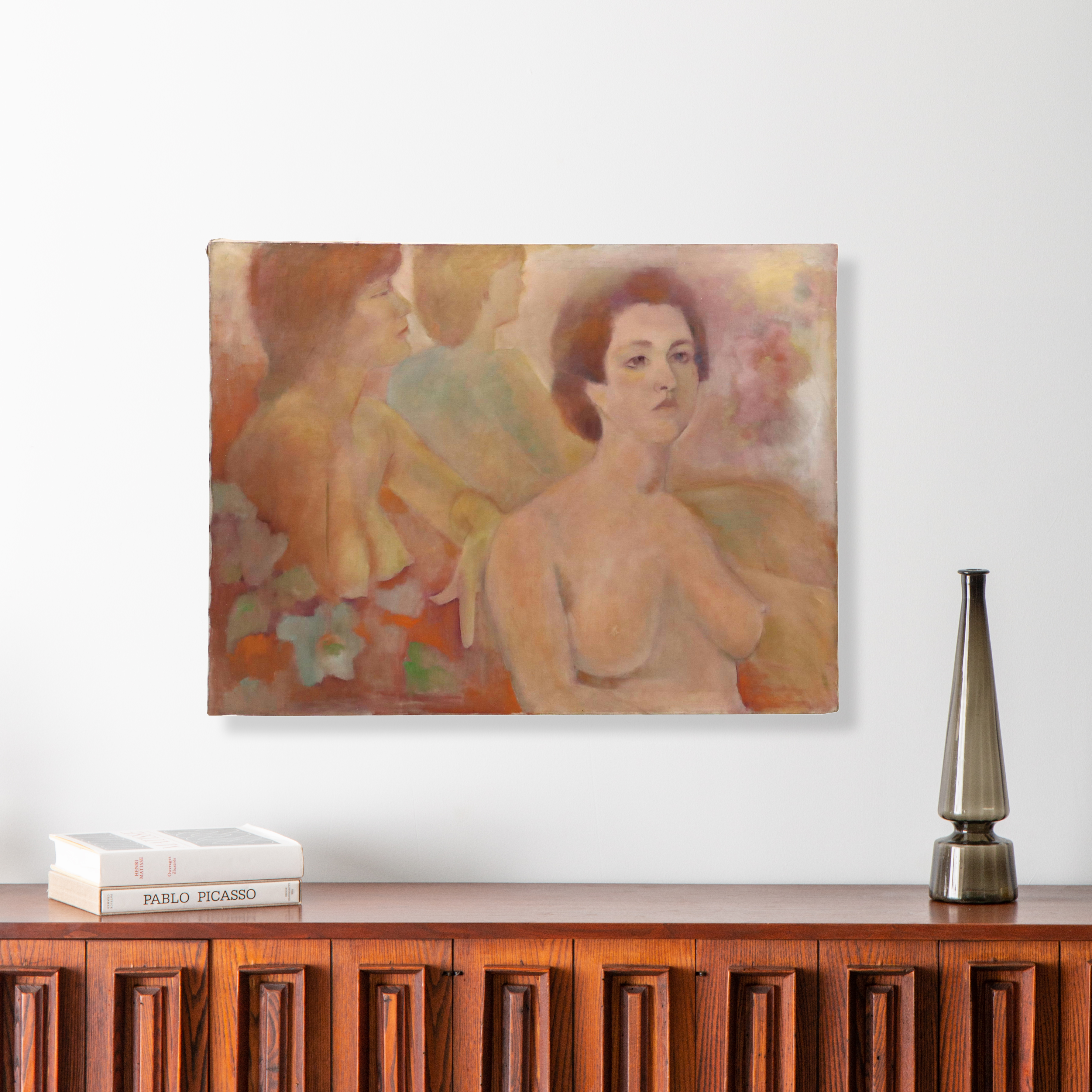 Impressionistic Style Oil Portrait of Nude Women with Flowers