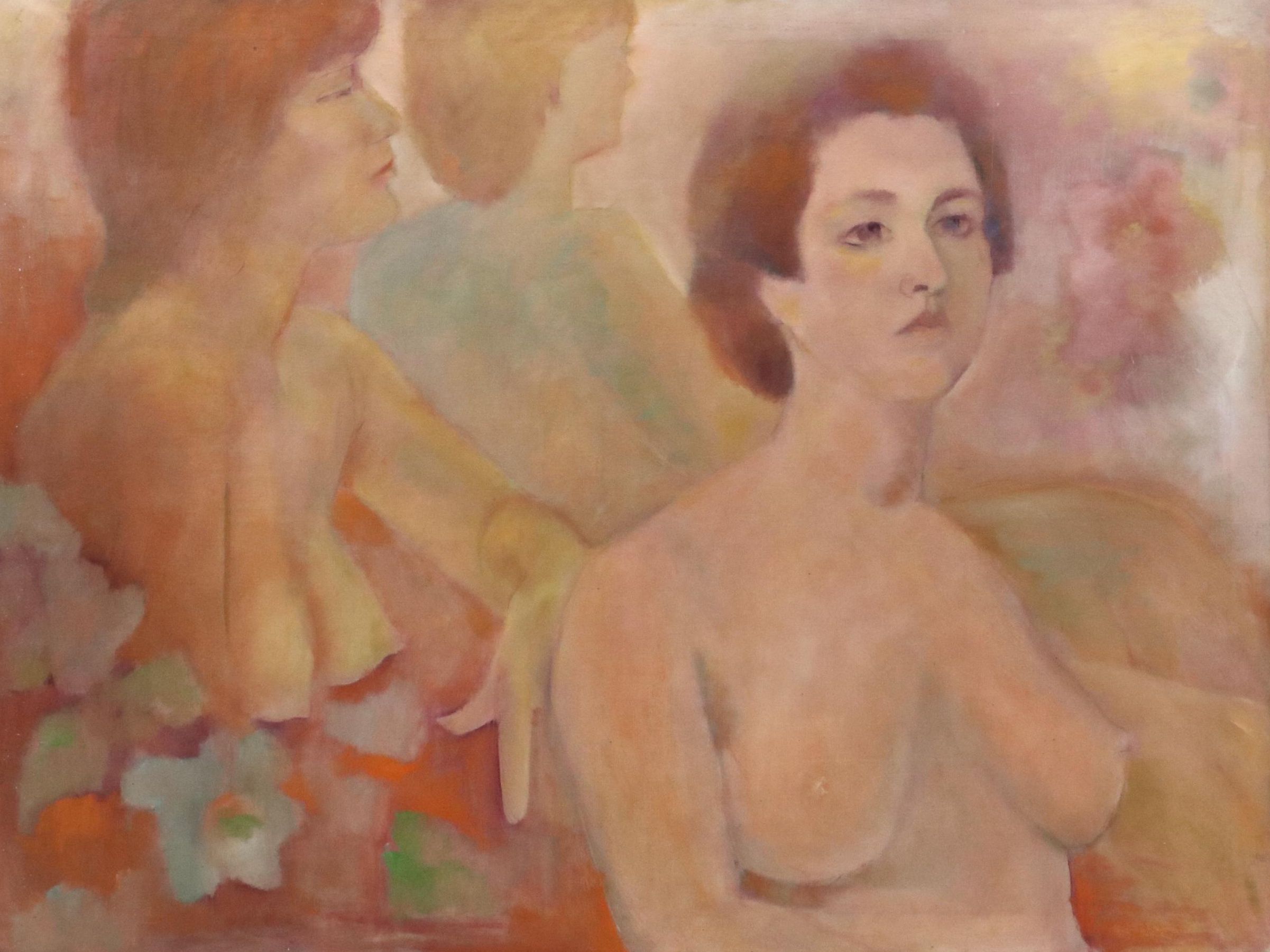 Impressionistic Style Oil Portrait of Nude Women with Flowers