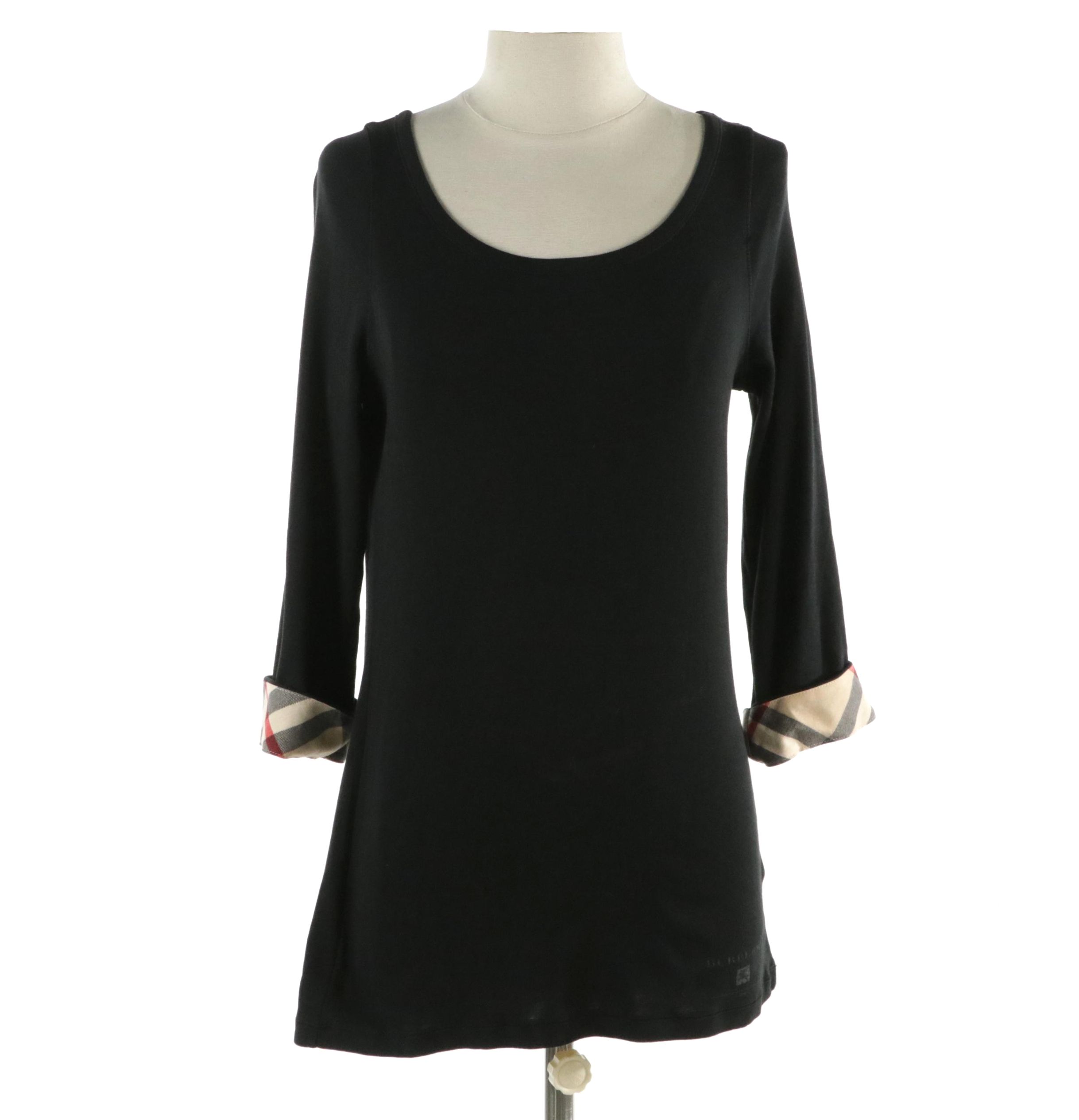 Burberry Brit Scoop Neck Cotton Knit Top with Check Trim