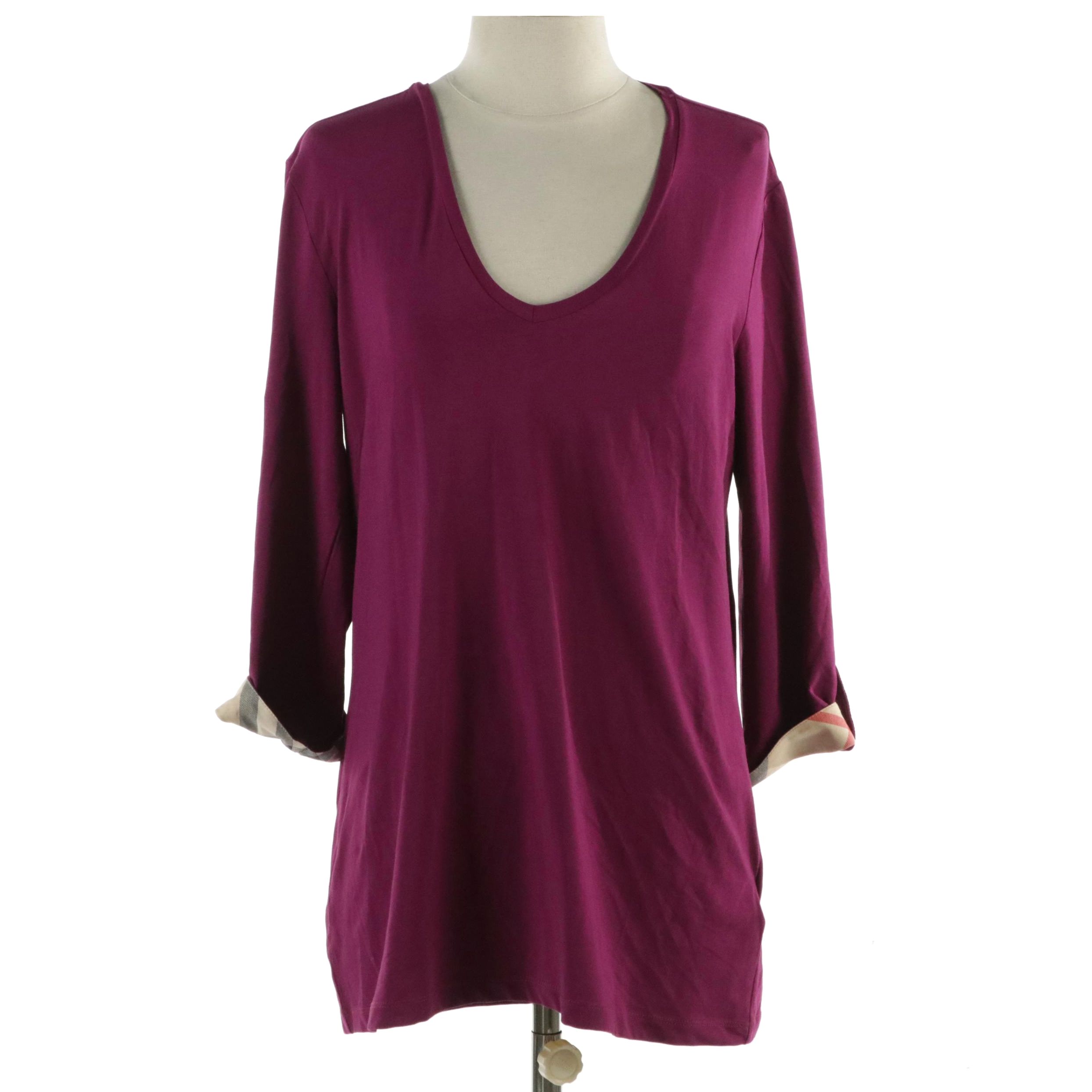 Burberry Brit V-Neck Stretch Cotton Top with Check Trim