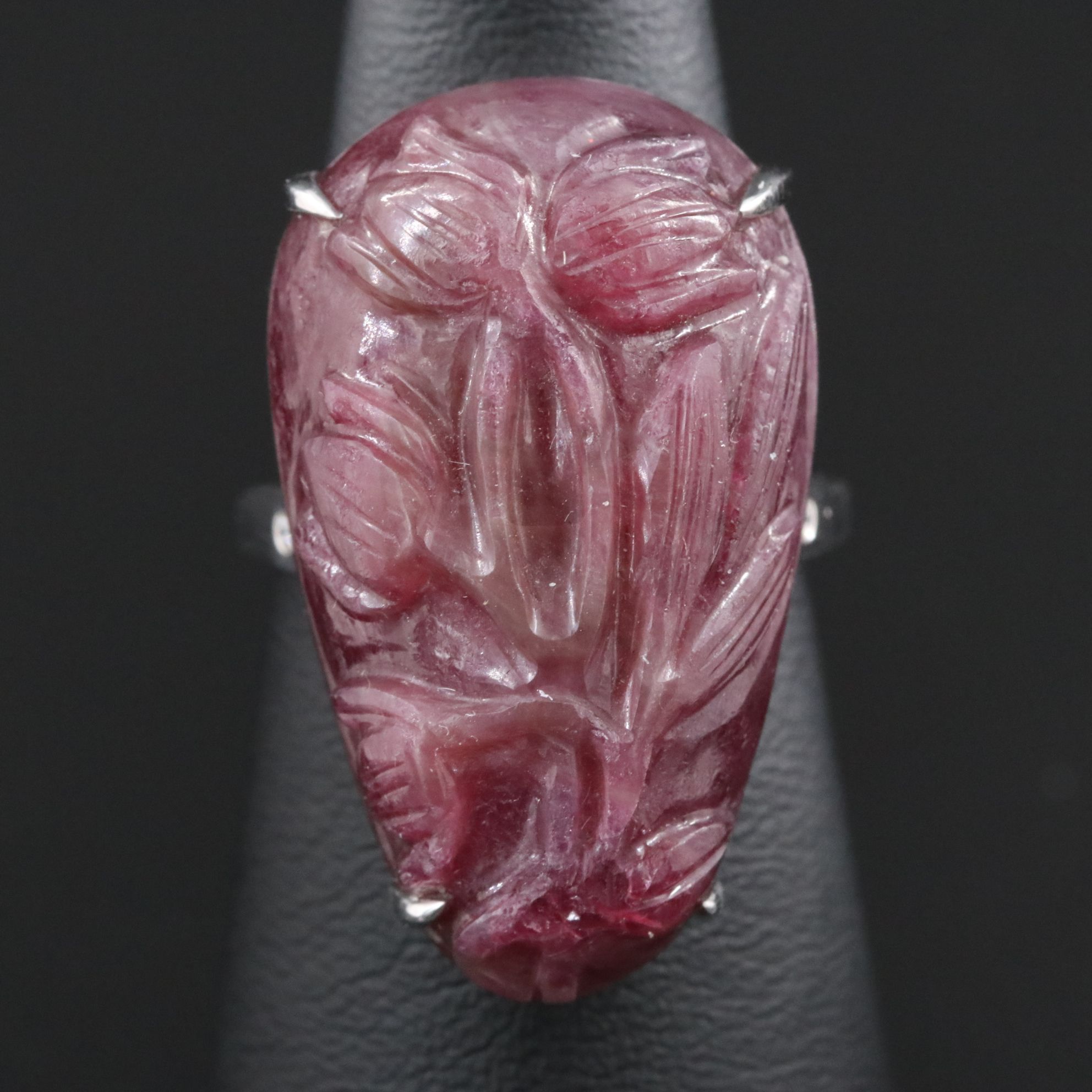 Chromia 18K 46.20 CT Carved Ruby and Diamond Floral Ring