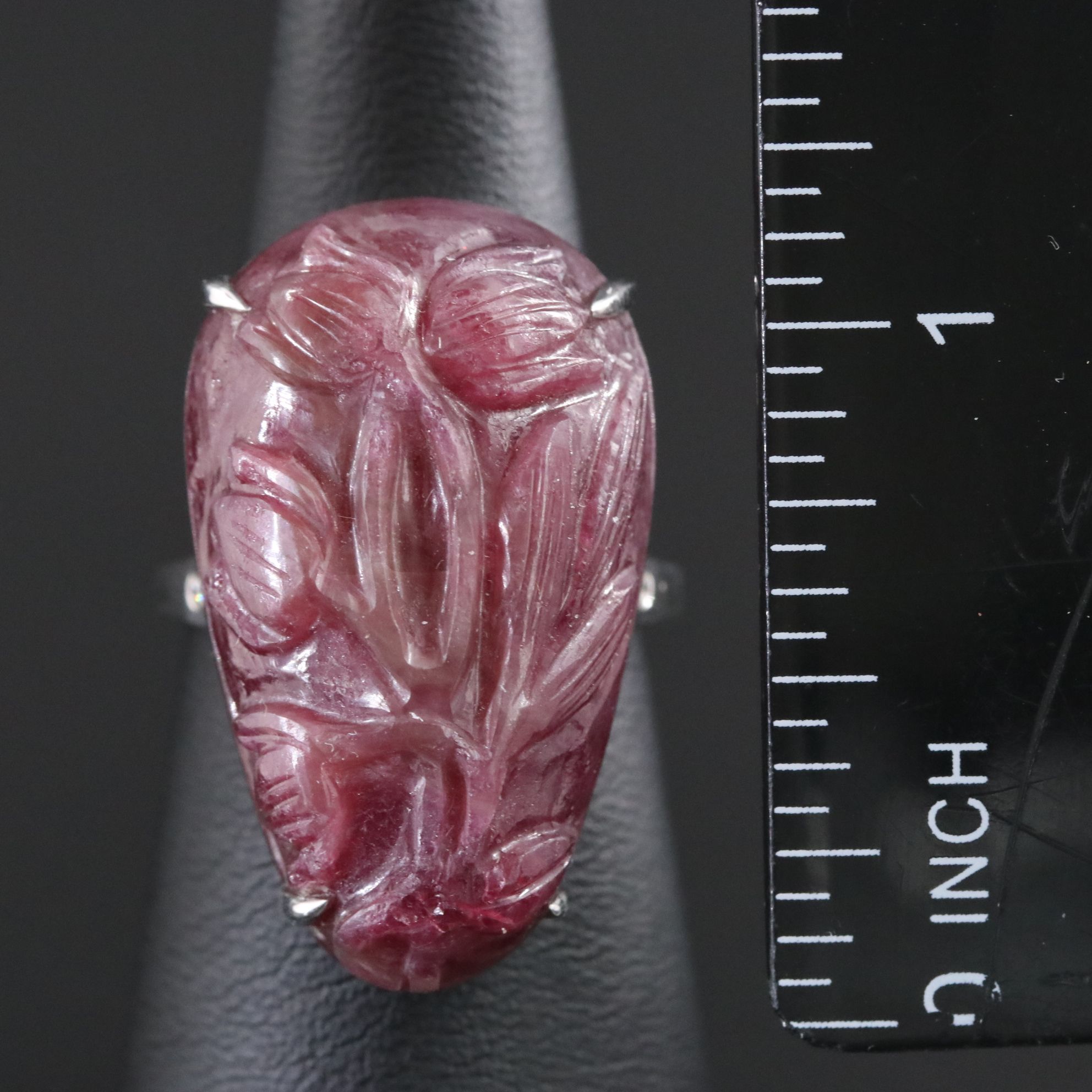 Chromia 18K 46.20 CT Carved Ruby and Diamond Floral Ring