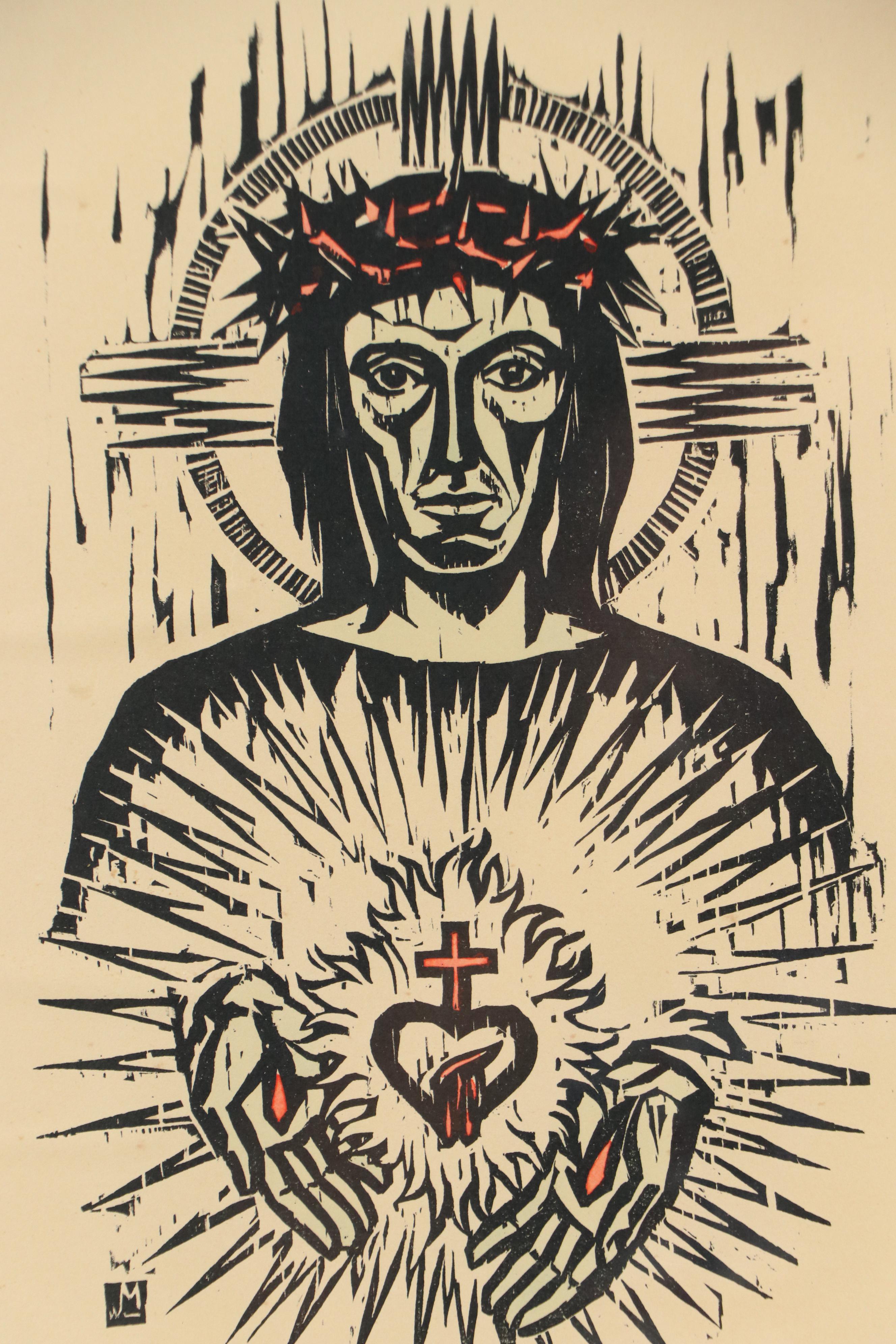 Sacred Heart Crucifixion Linocut, 21st Century
