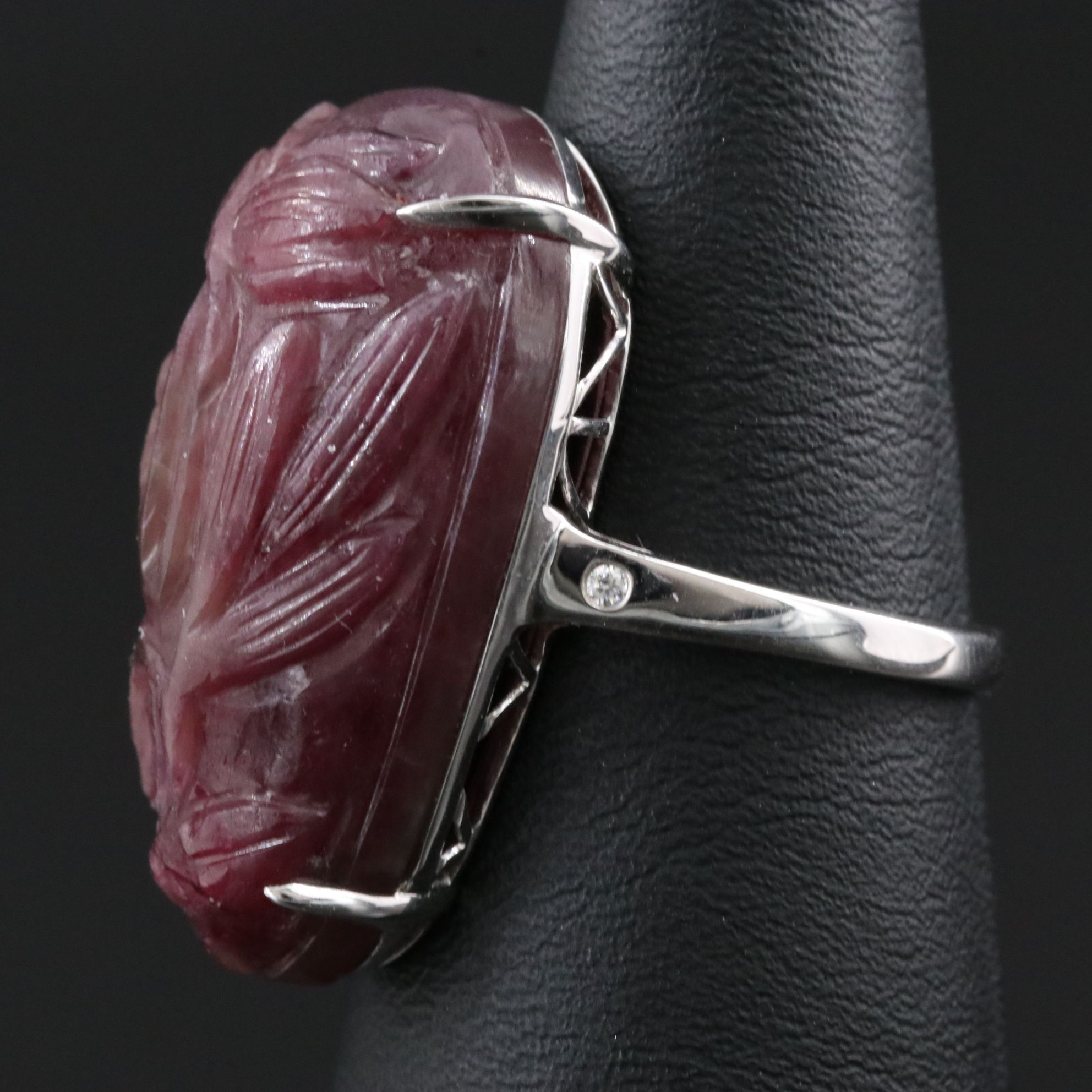 Chromia 18K 46.20 CT Carved Ruby and Diamond Floral Ring