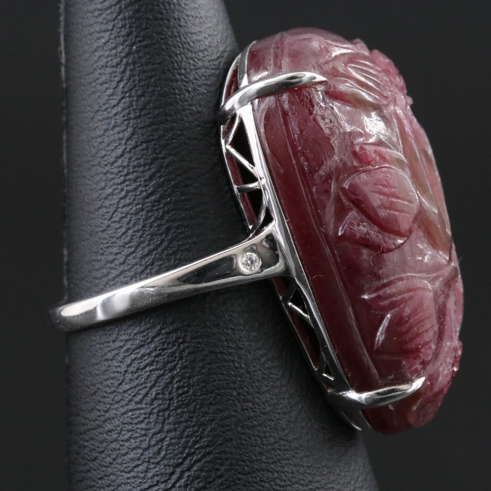 Chromia 18K 46.20 CT Carved Ruby and Diamond Floral Ring