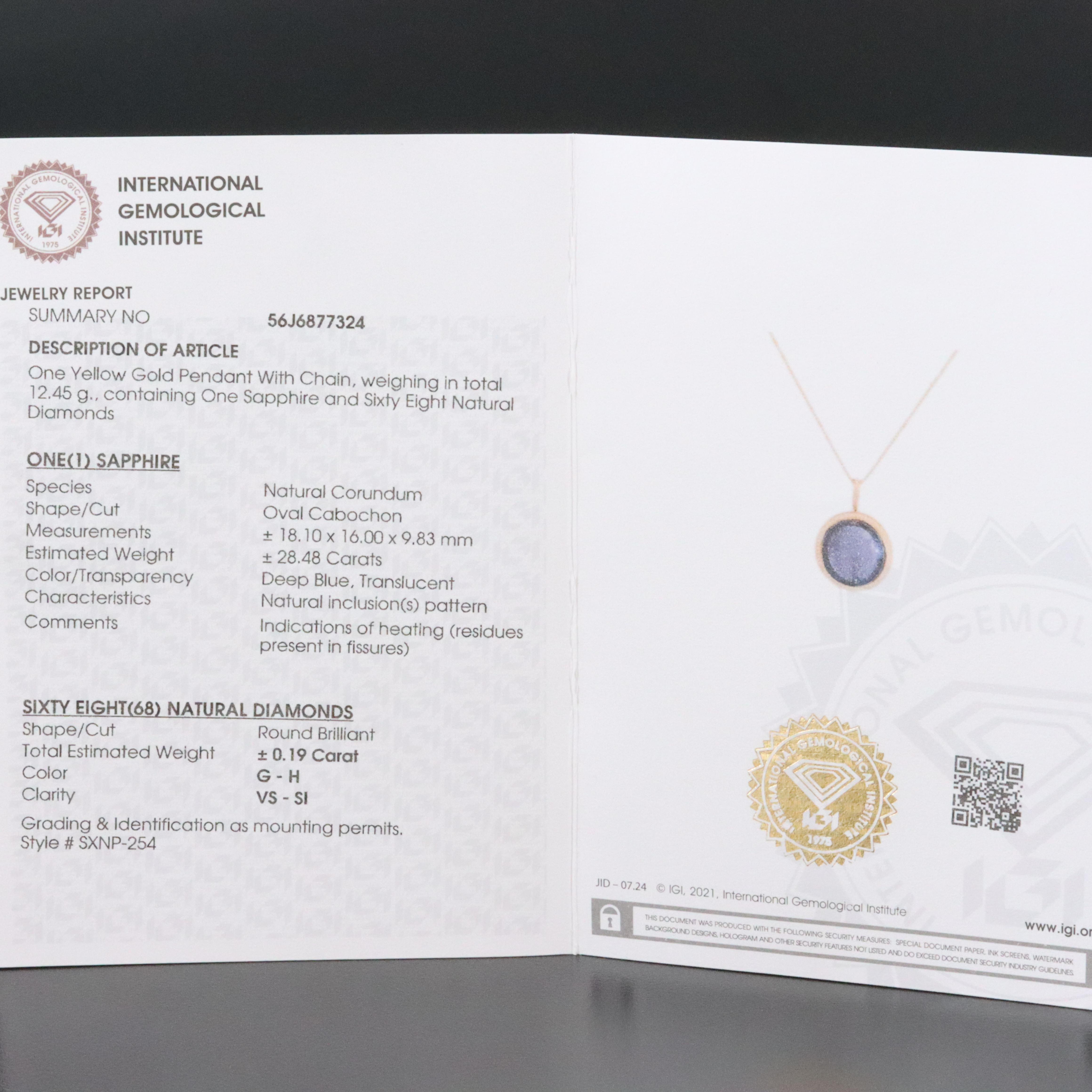 14K 28.48 CT Sapphire and Diamond Pendant Necklace with IGI Jewelry Report