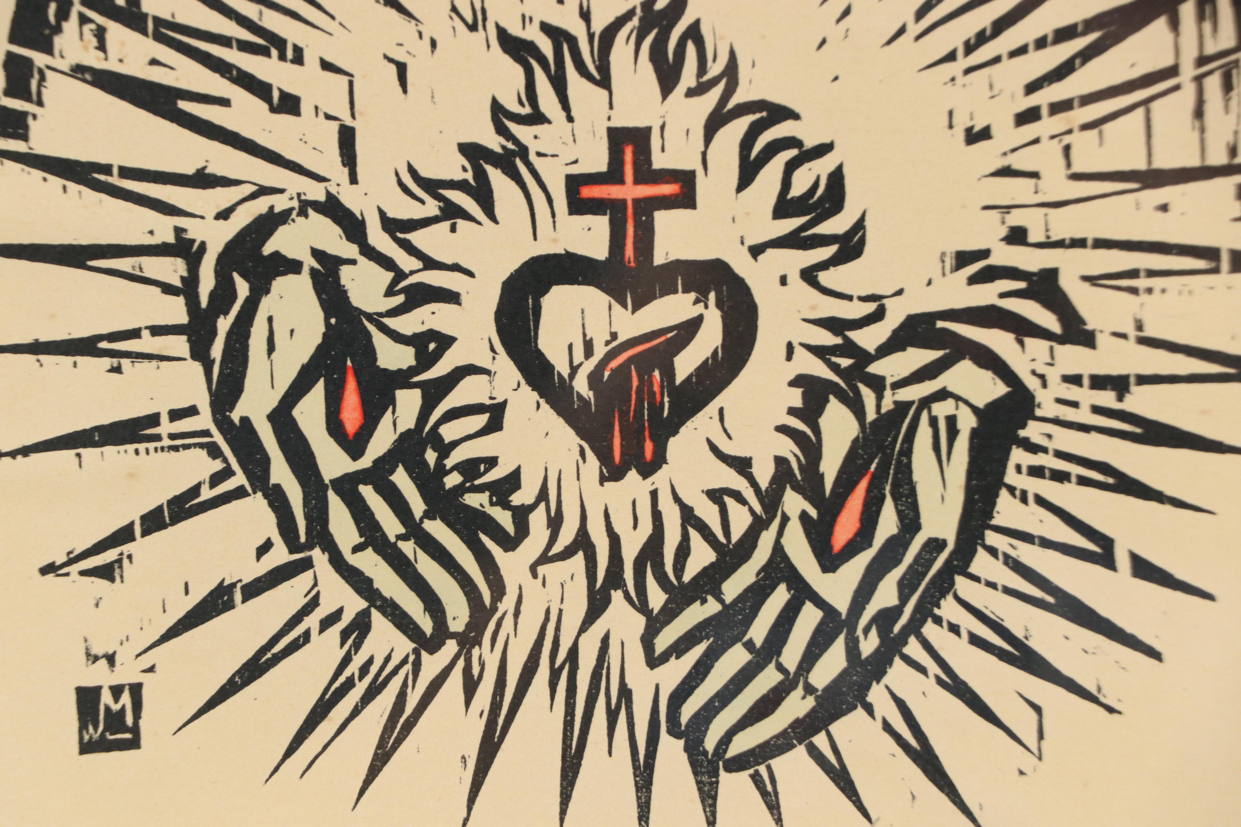 Sacred Heart Crucifixion Linocut, 21st Century