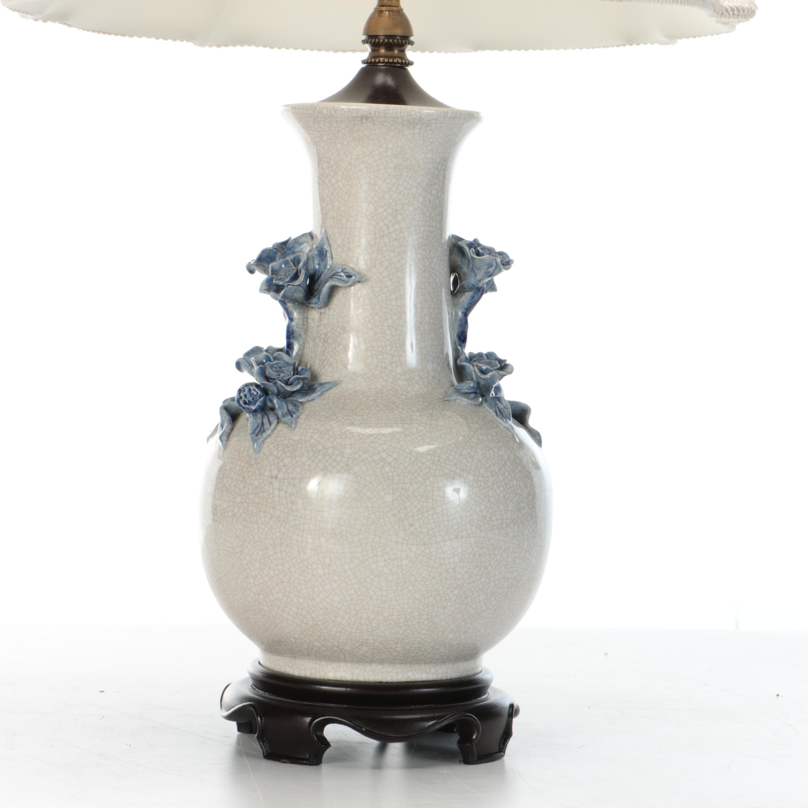 Bradburn Gallery Porcelain Vase Lamps with Lotus Handles & Scalloped Bell Shades
