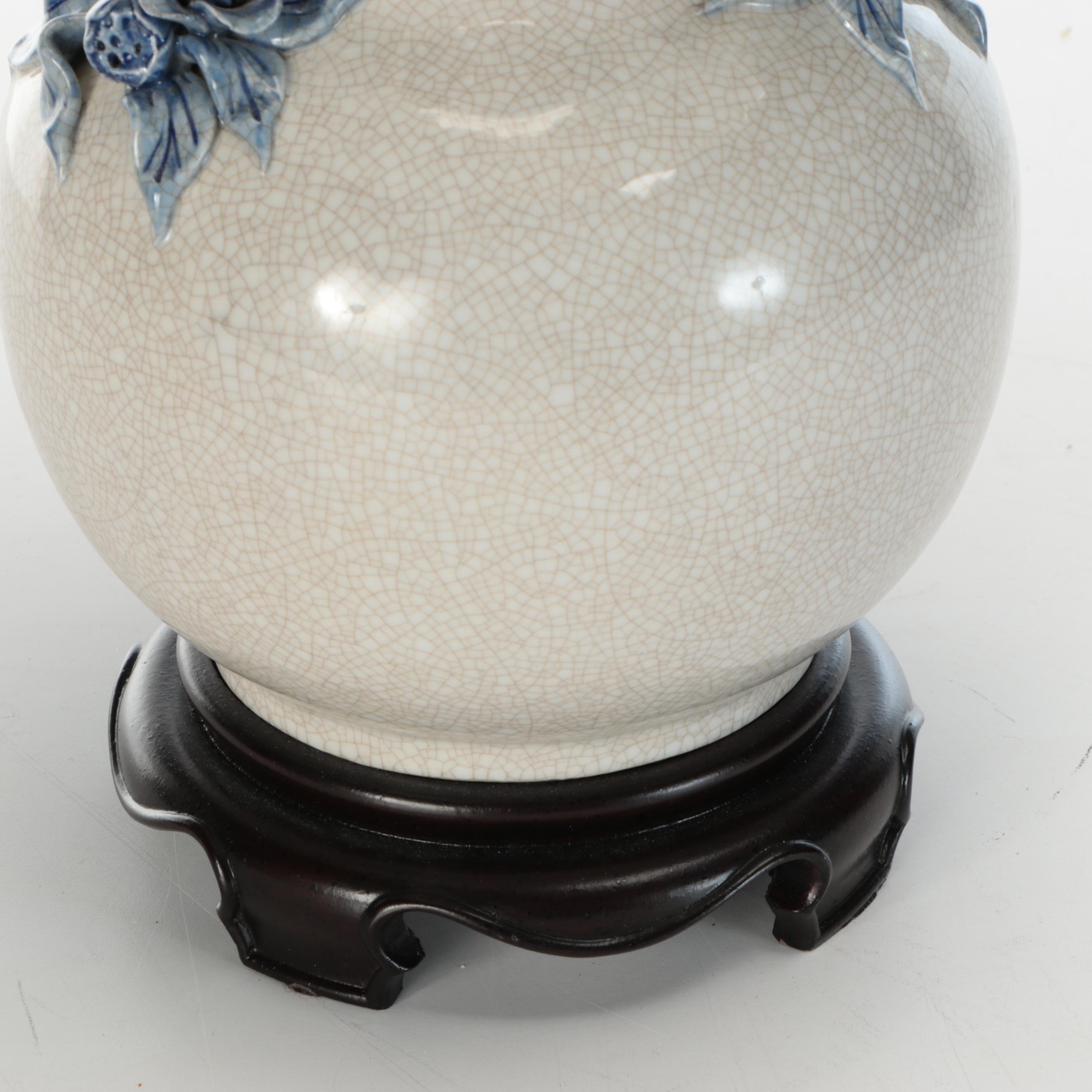 Bradburn Gallery Porcelain Vase Lamps with Lotus Handles & Scalloped Bell Shades