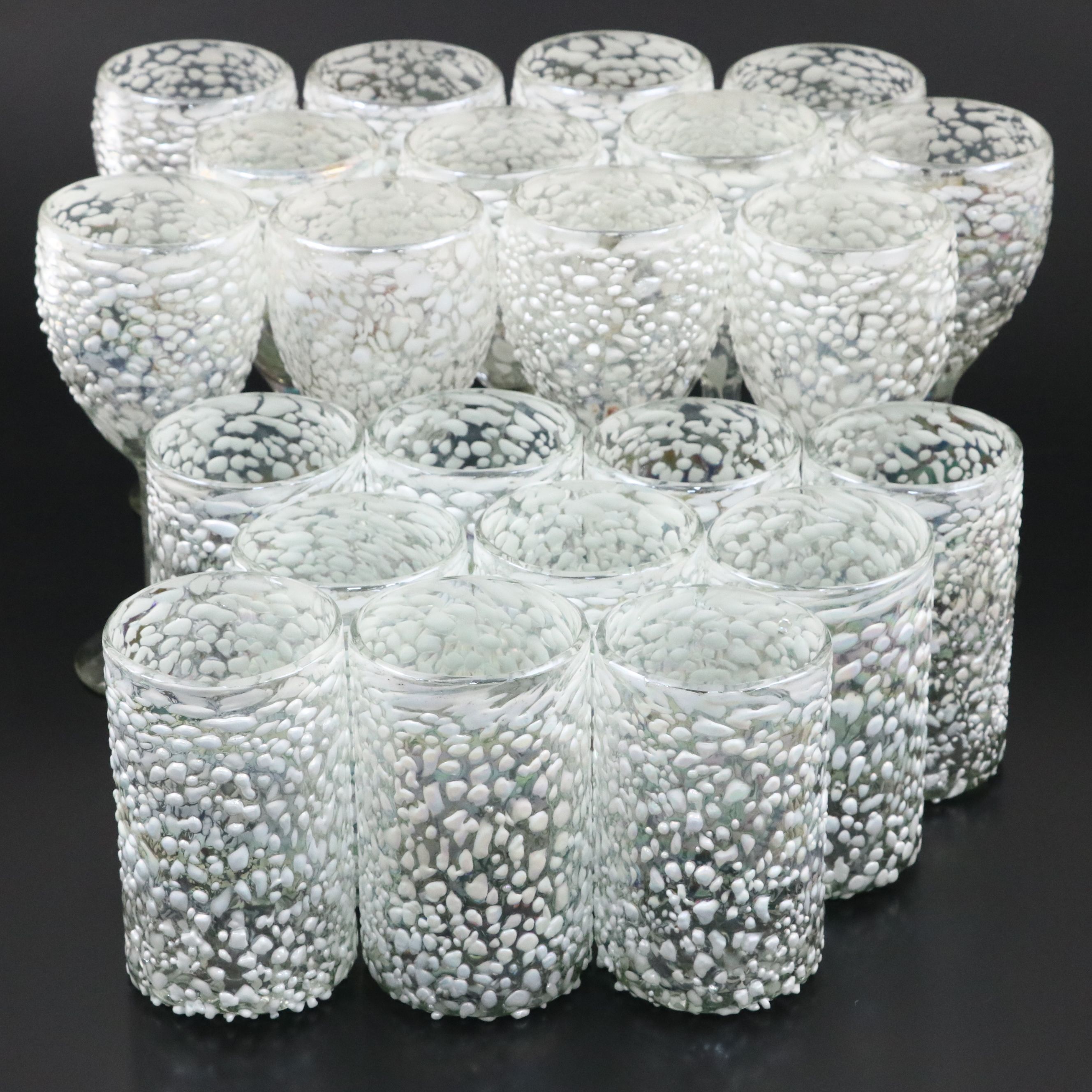 Iridescent White Graniti Blown Cups and Wine Glasses
