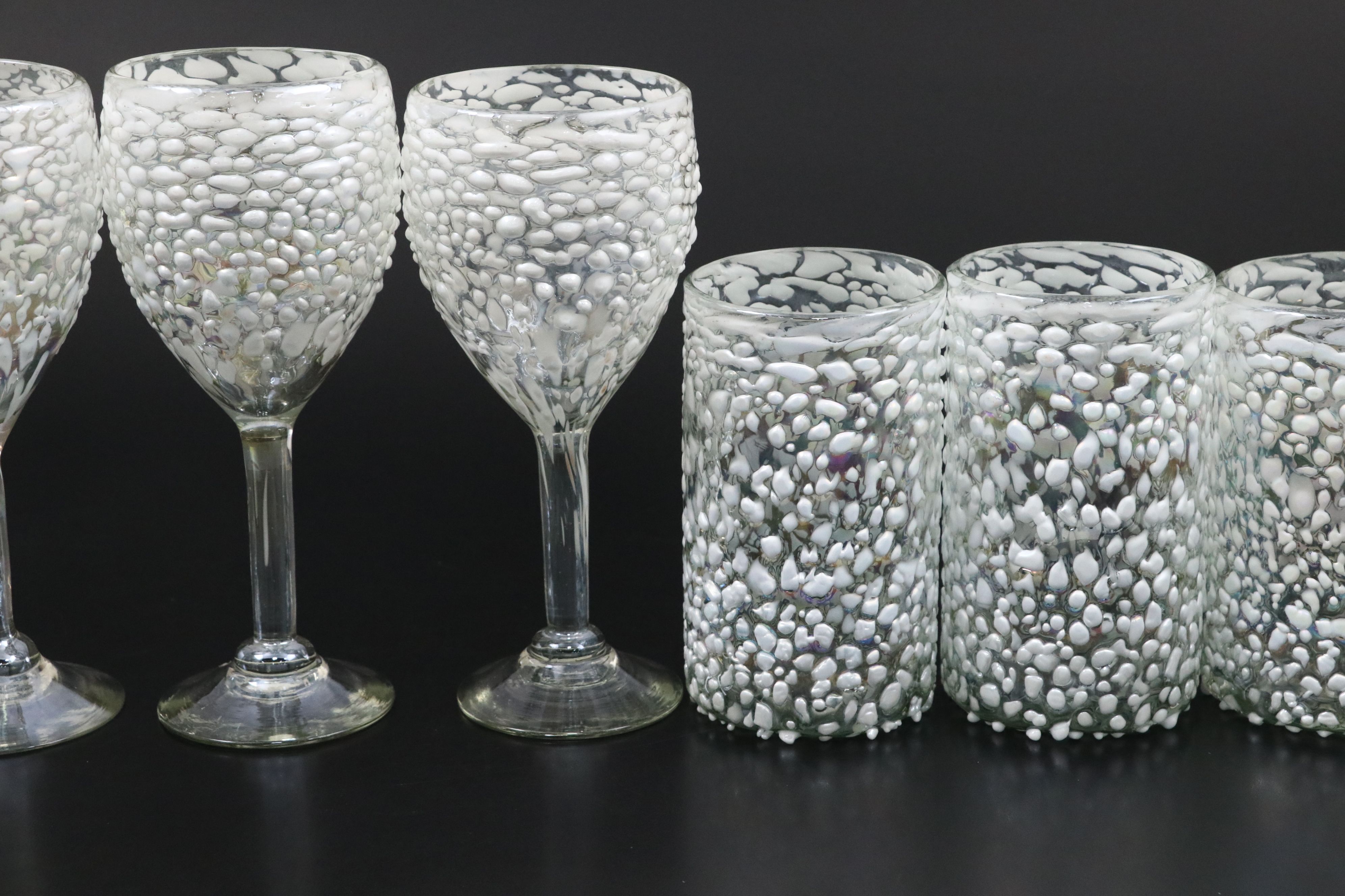 Iridescent White Graniti Blown Cups and Wine Glasses