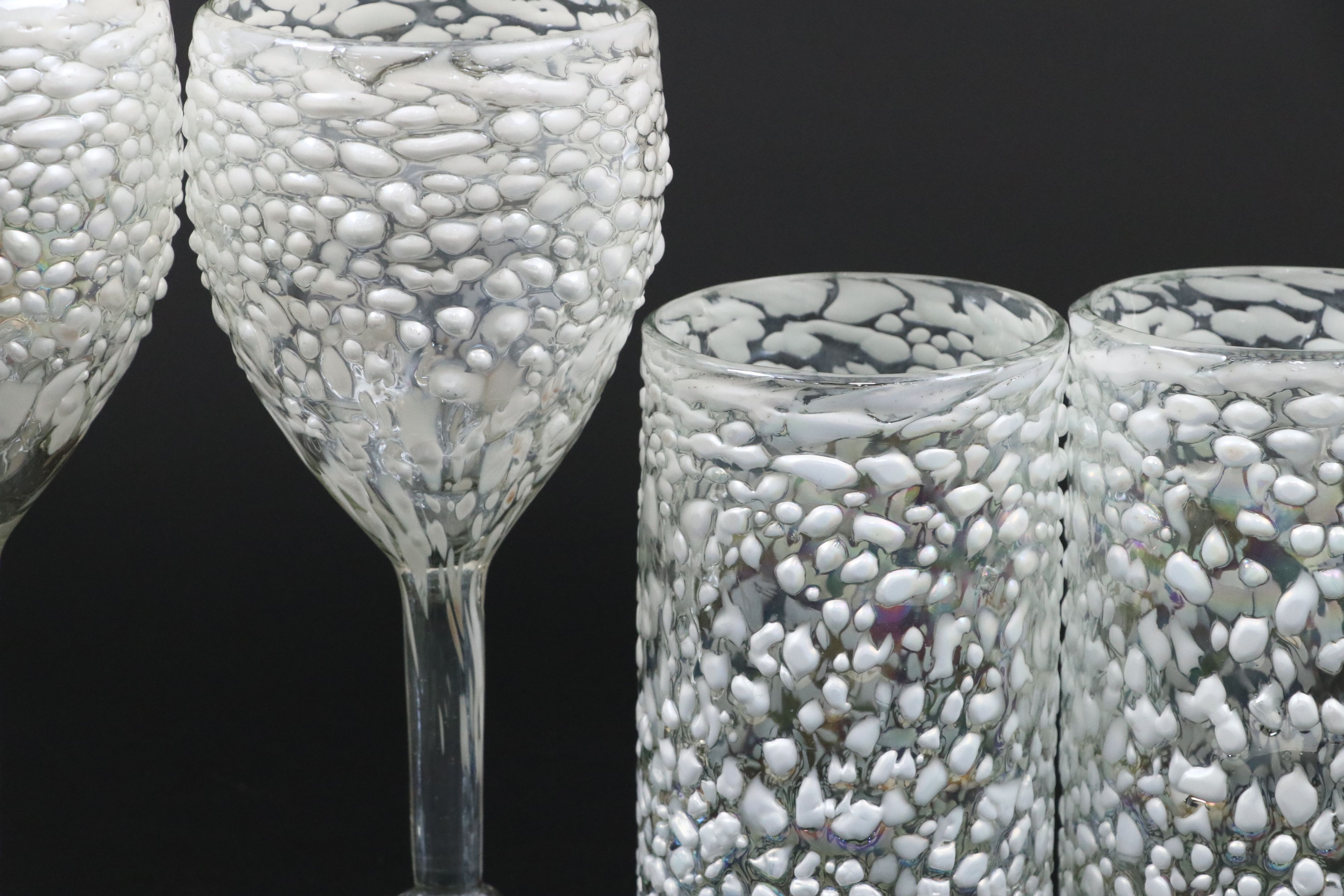 Iridescent White Graniti Blown Cups and Wine Glasses