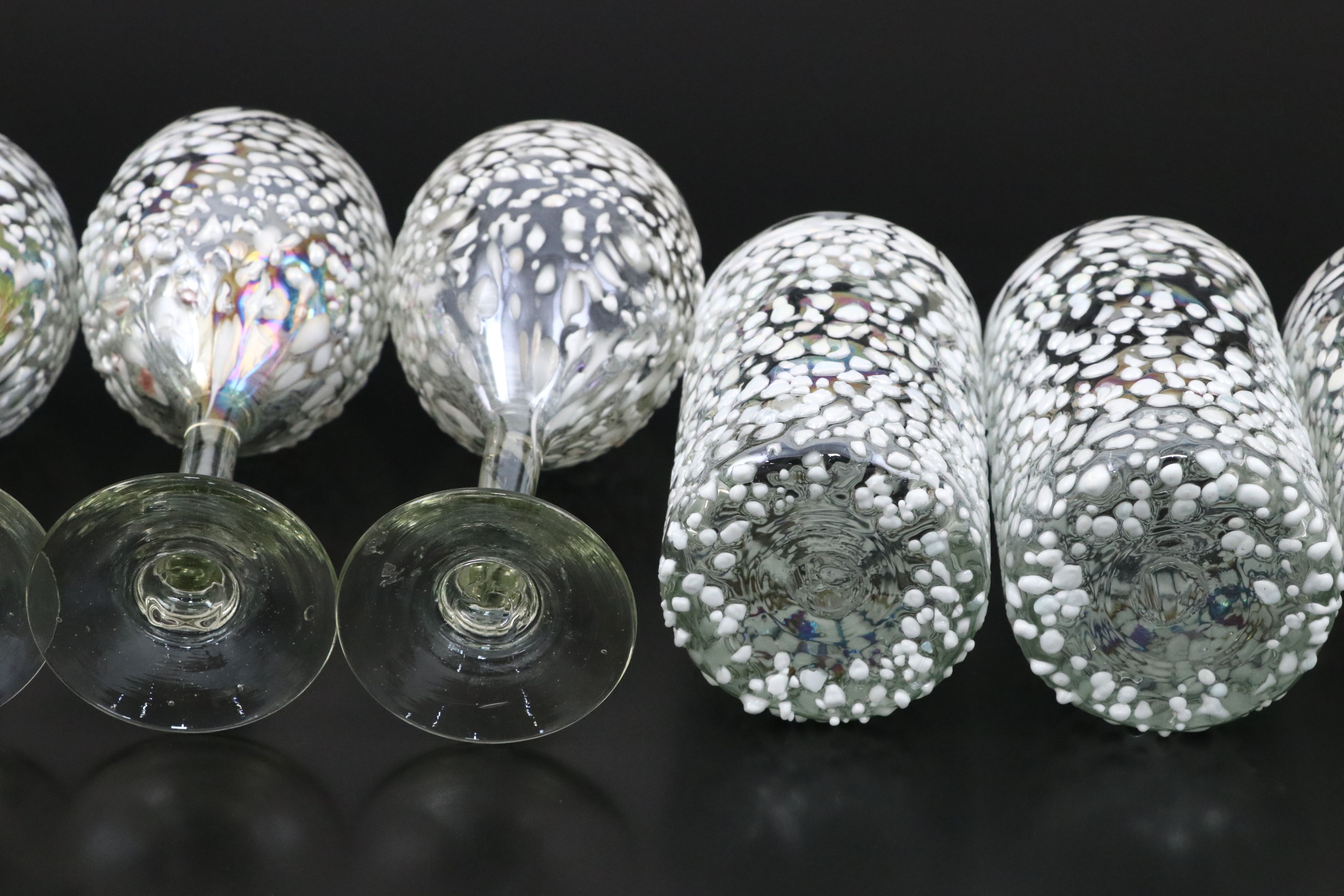 Iridescent White Graniti Blown Cups and Wine Glasses