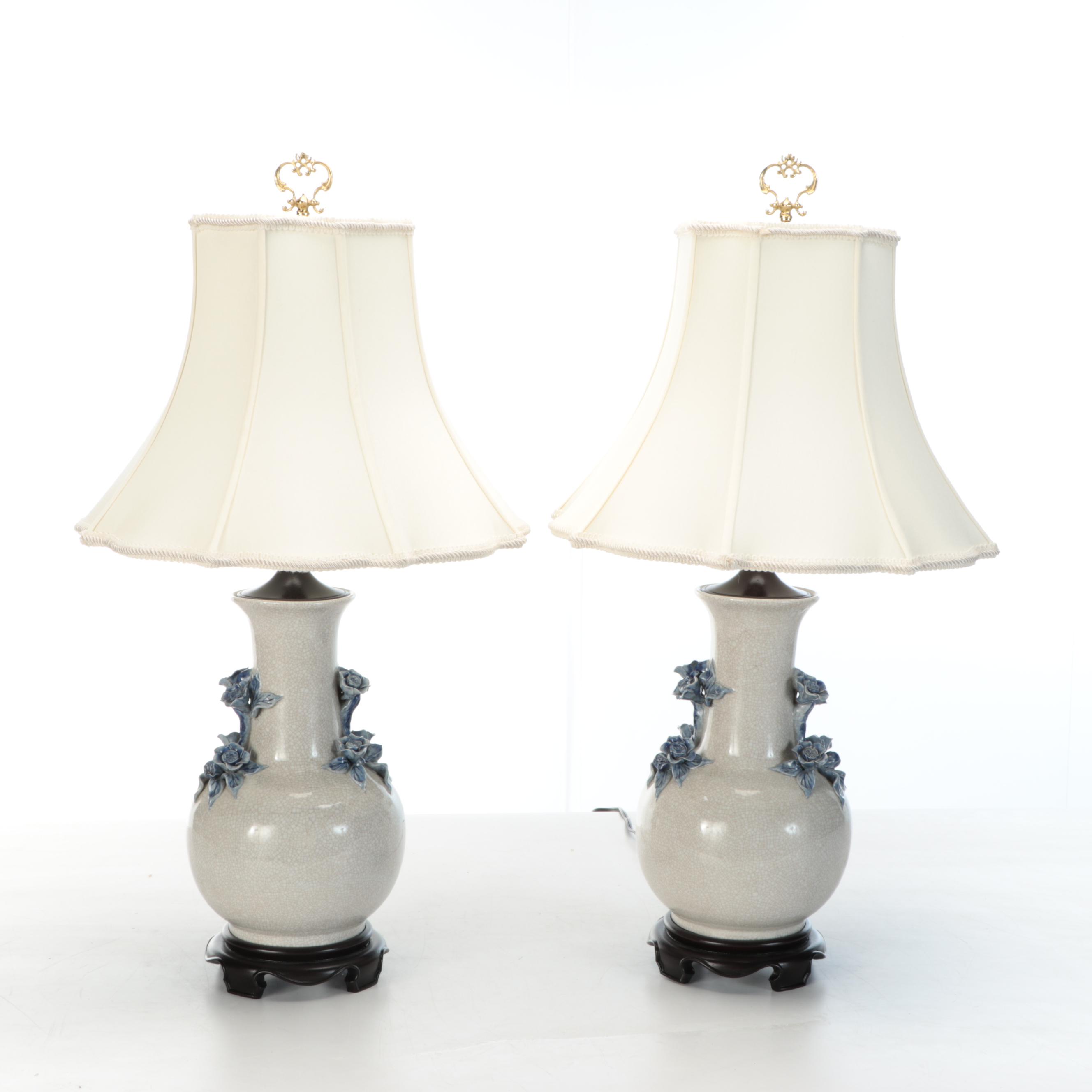 Bradburn Gallery Porcelain Vase Lamps with Lotus Handles & Scalloped Bell Shades