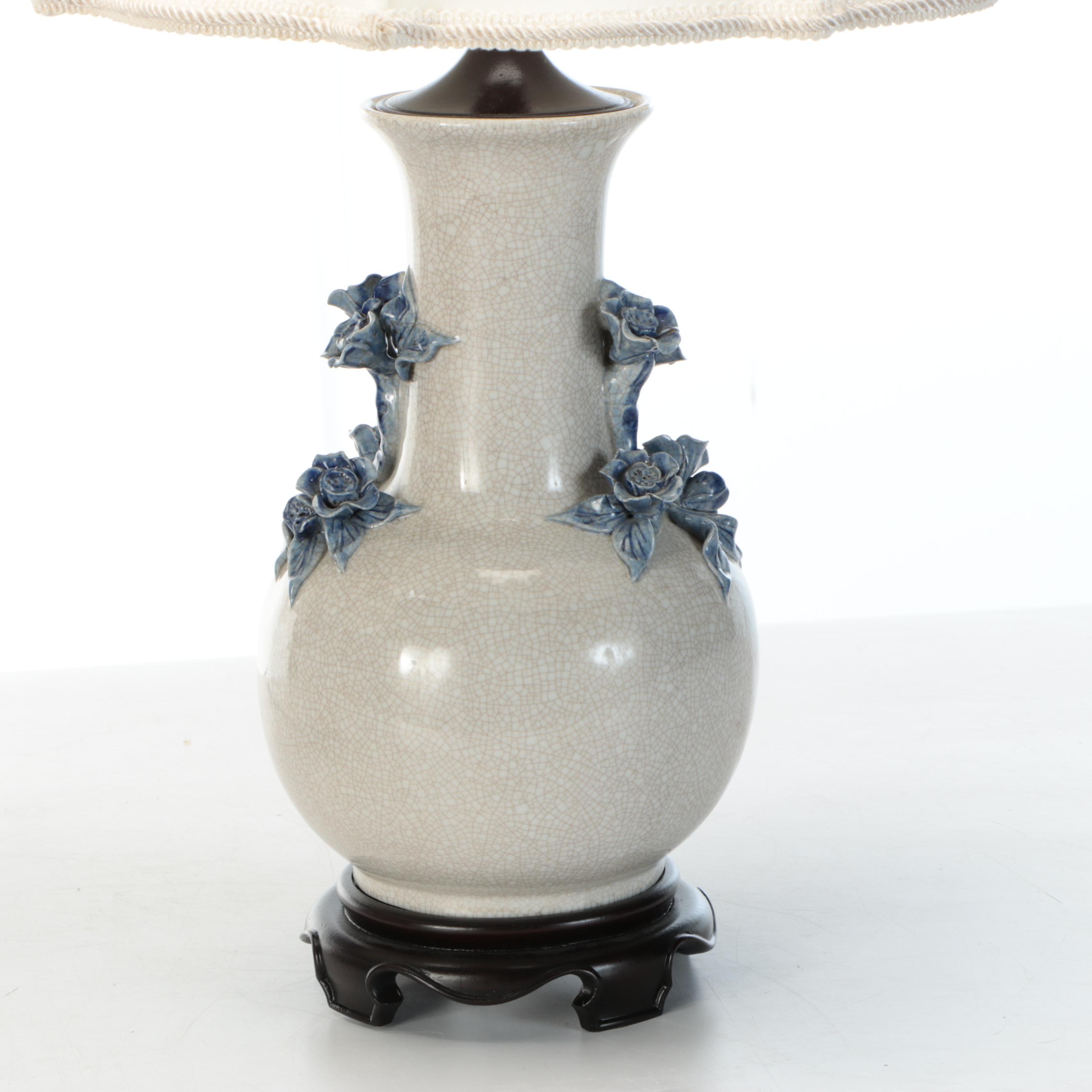 Bradburn Gallery Porcelain Vase Lamps with Lotus Handles & Scalloped Bell Shades