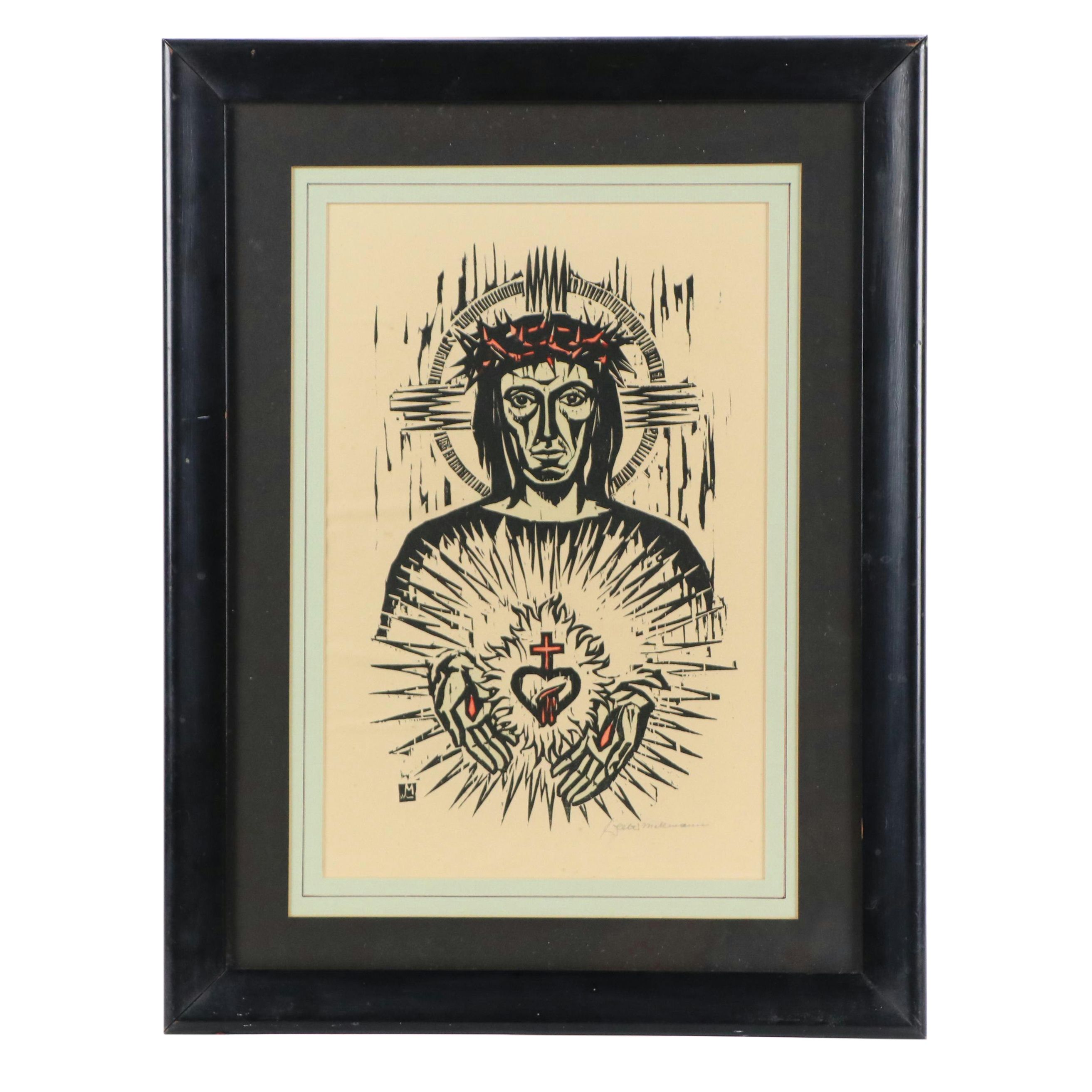 Sacred Heart Crucifixion Linocut, 21st Century