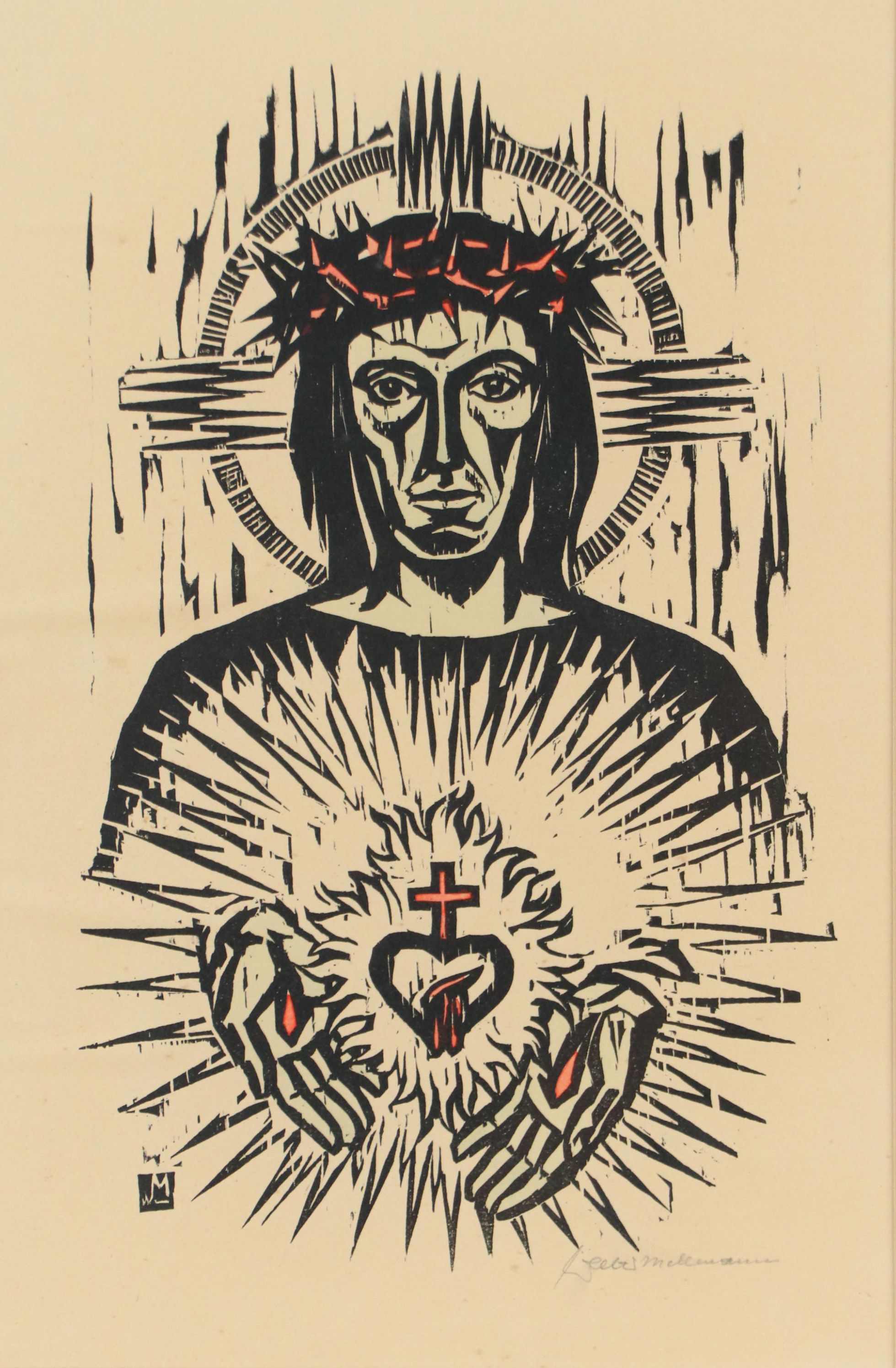 Sacred Heart Crucifixion Linocut, 21st Century
