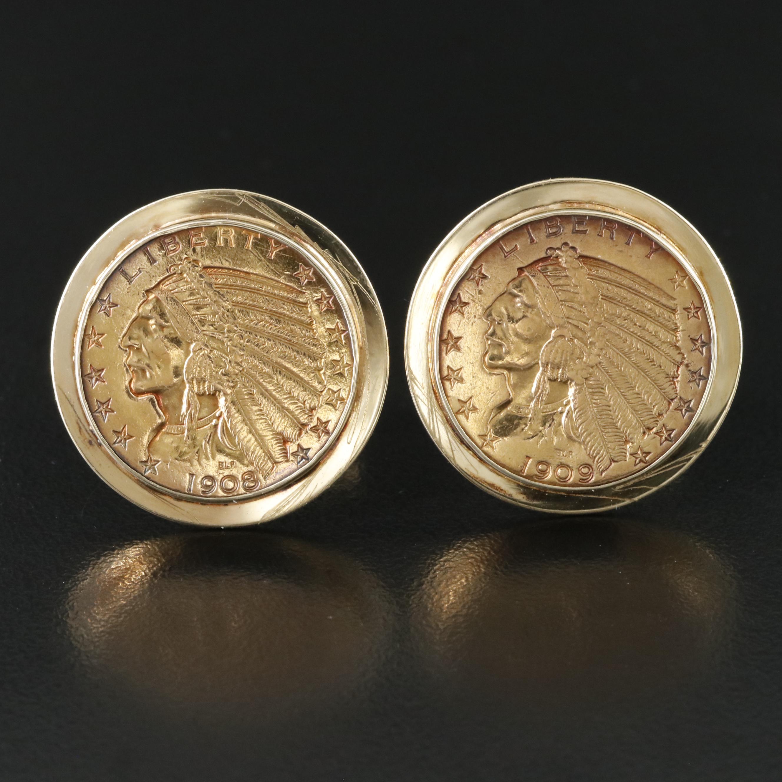 14K Cufflinks with 1908 and 1909 Indian Head $5 Gold Half Eagle Coins