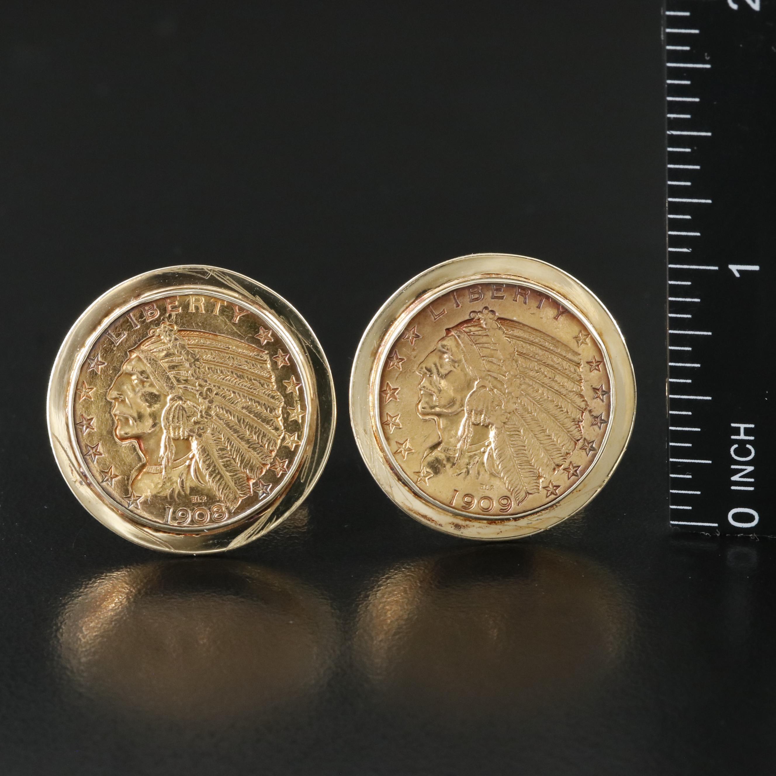 14K Cufflinks with 1908 and 1909 Indian Head $5 Gold Half Eagle Coins