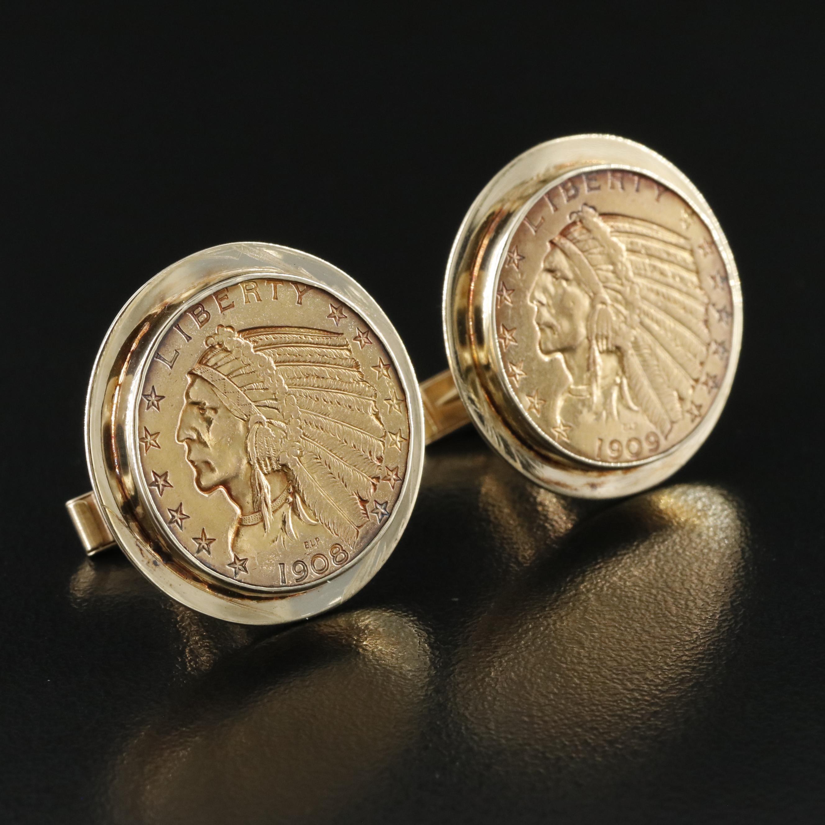 14K Cufflinks with 1908 and 1909 Indian Head $5 Gold Half Eagle Coins