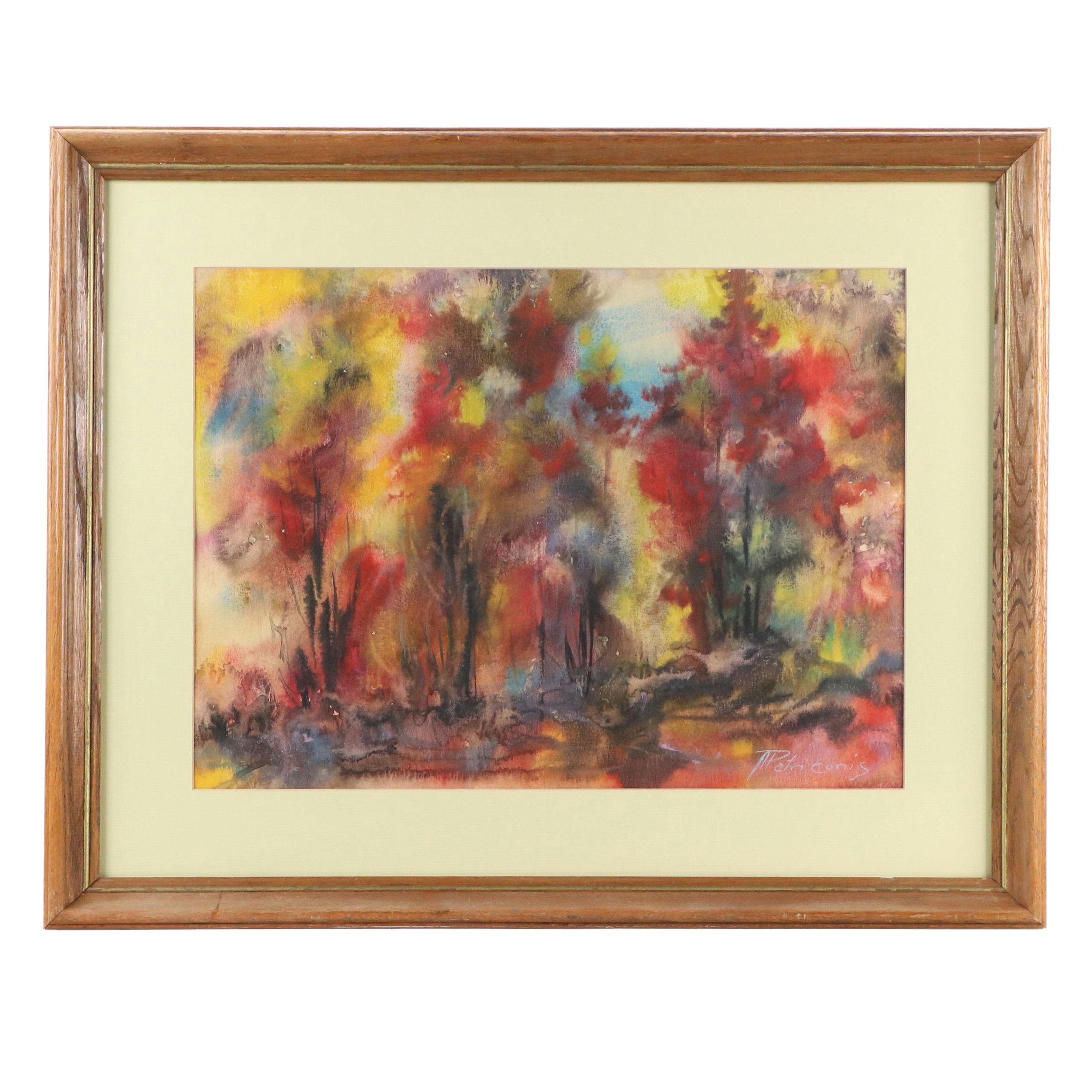Antanas Petrikonis Forest Landscape Watercolor Painting, Late 20th Century