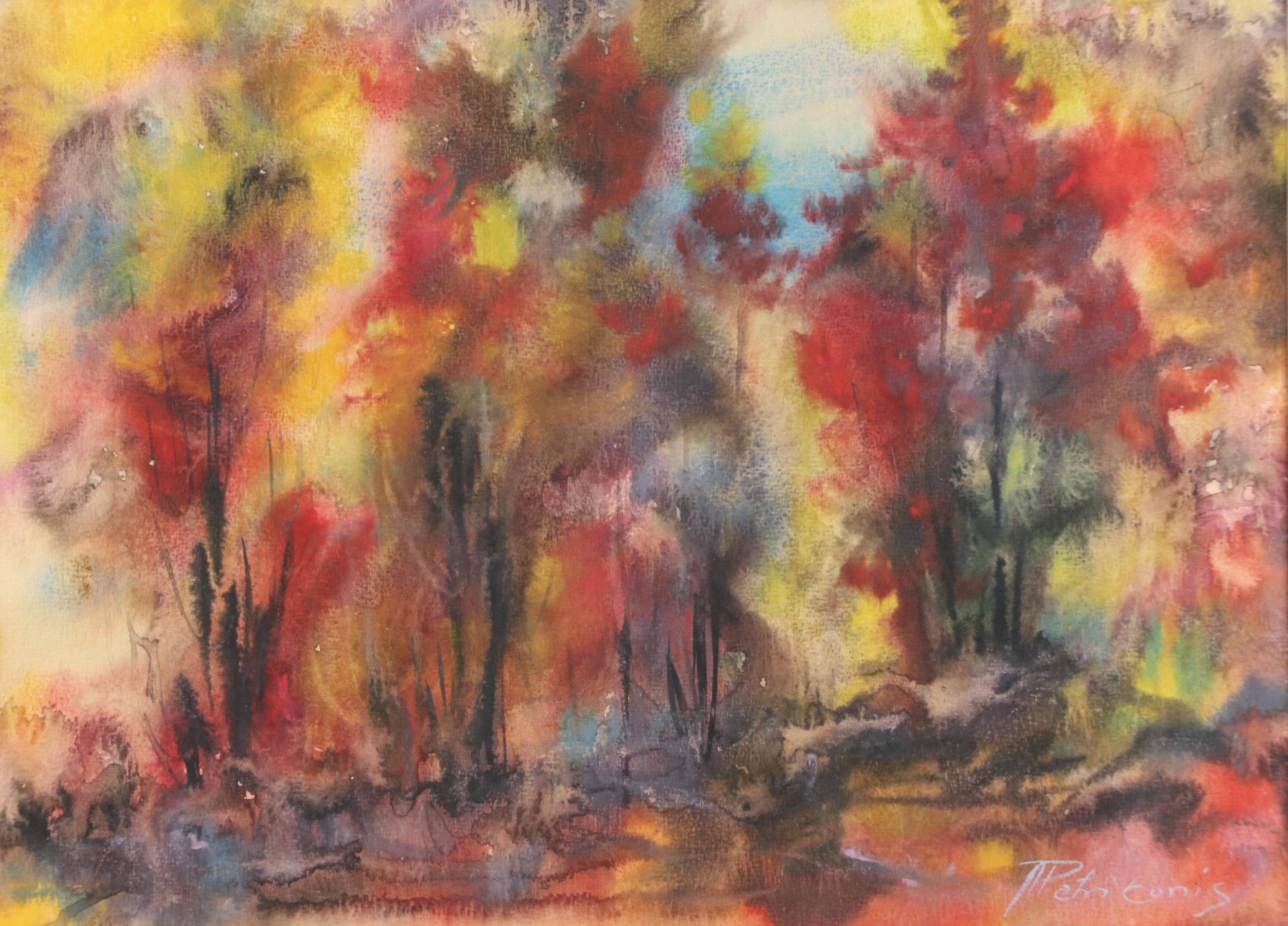 Antanas Petrikonis Forest Landscape Watercolor Painting, Late 20th Century