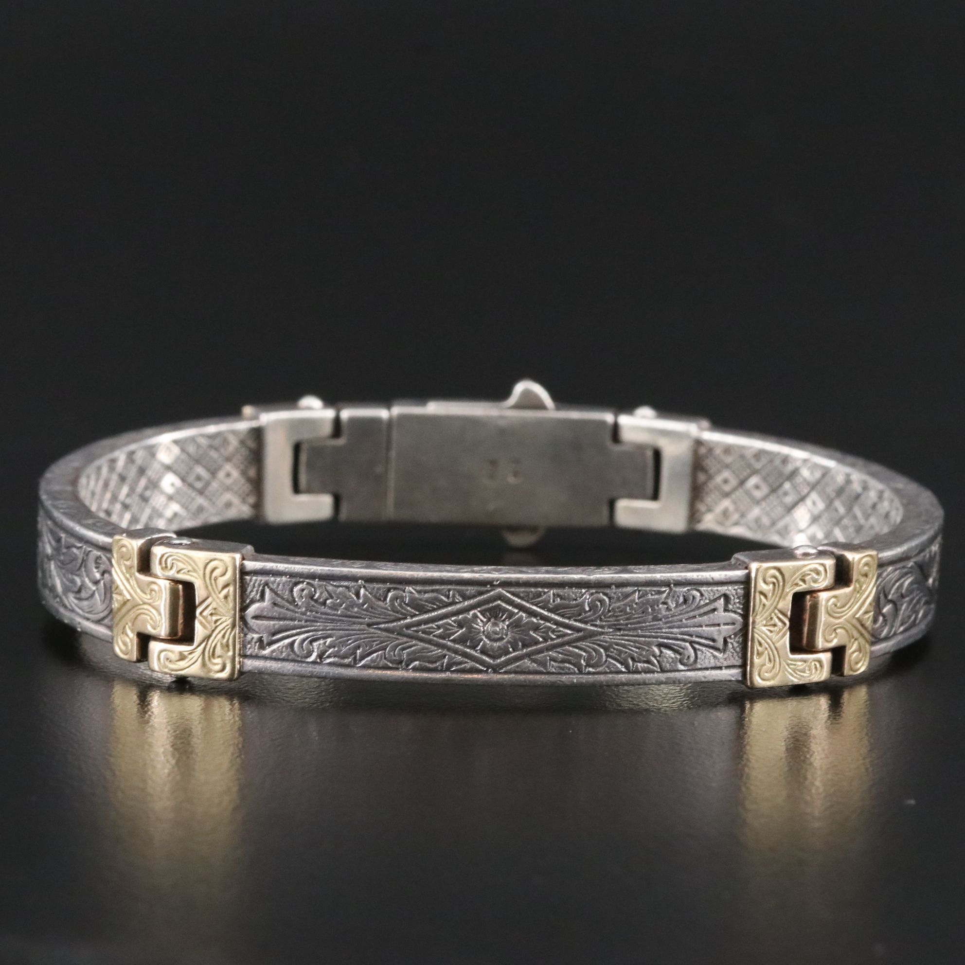 Konstantino 950 Silver and 18K Engraved Acanthus Pattern Panel Bracelet