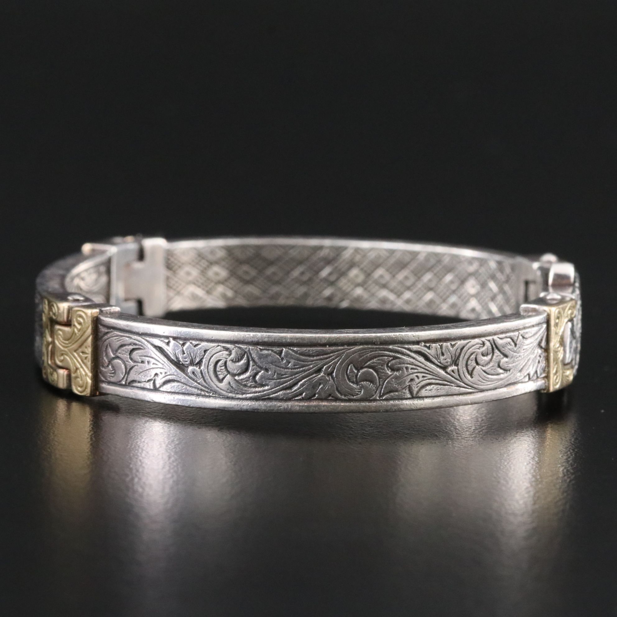 Konstantino 950 Silver and 18K Engraved Acanthus Pattern Panel Bracelet