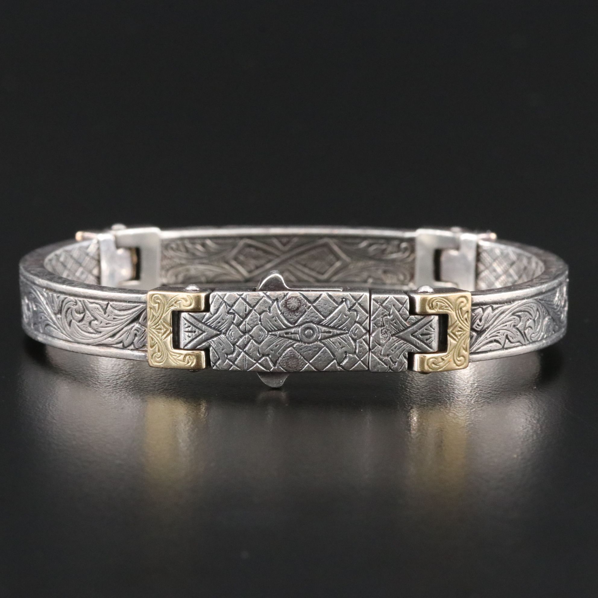 Konstantino 950 Silver and 18K Engraved Acanthus Pattern Panel Bracelet