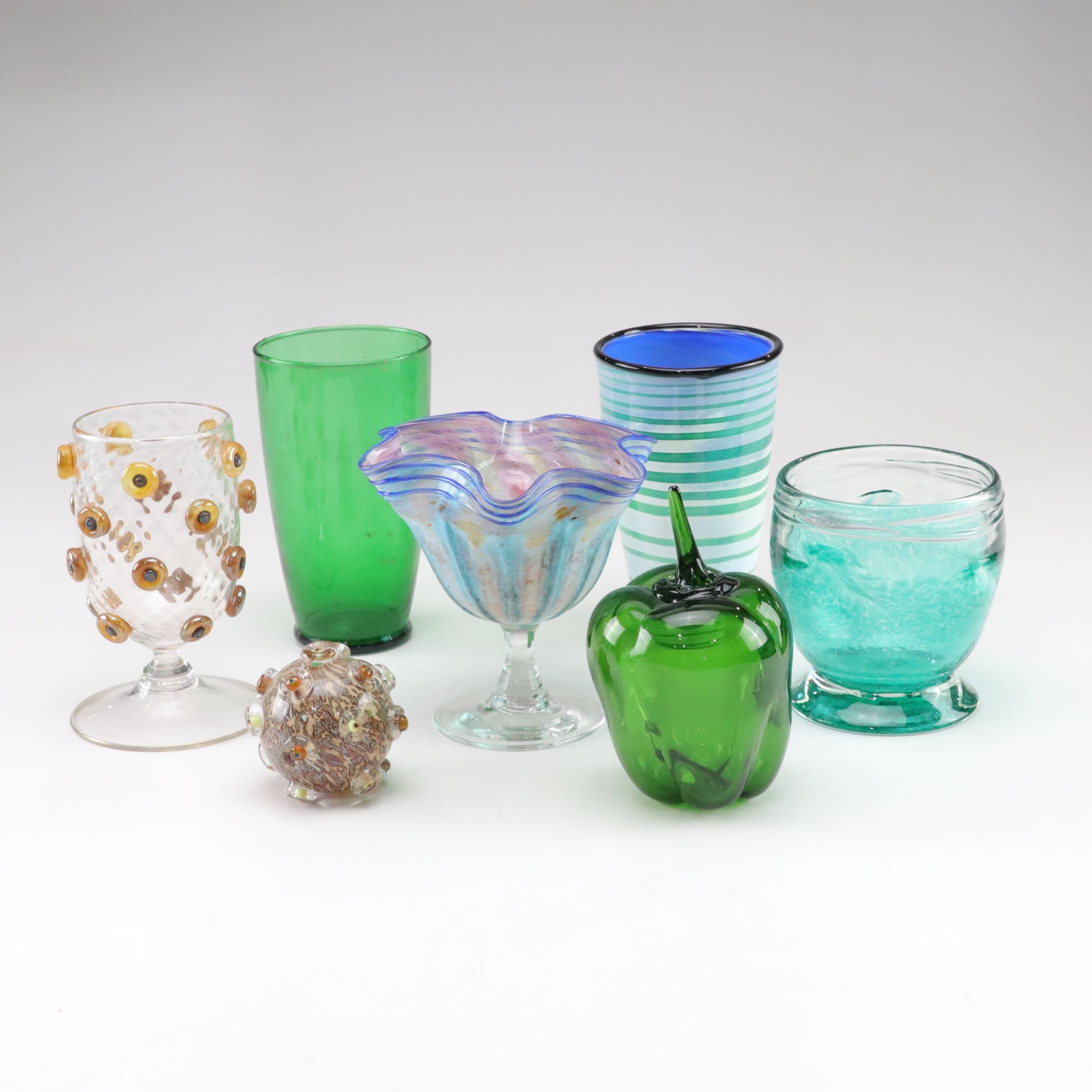 Murano Glass Color Swirl Compote & Other Blown Glassware