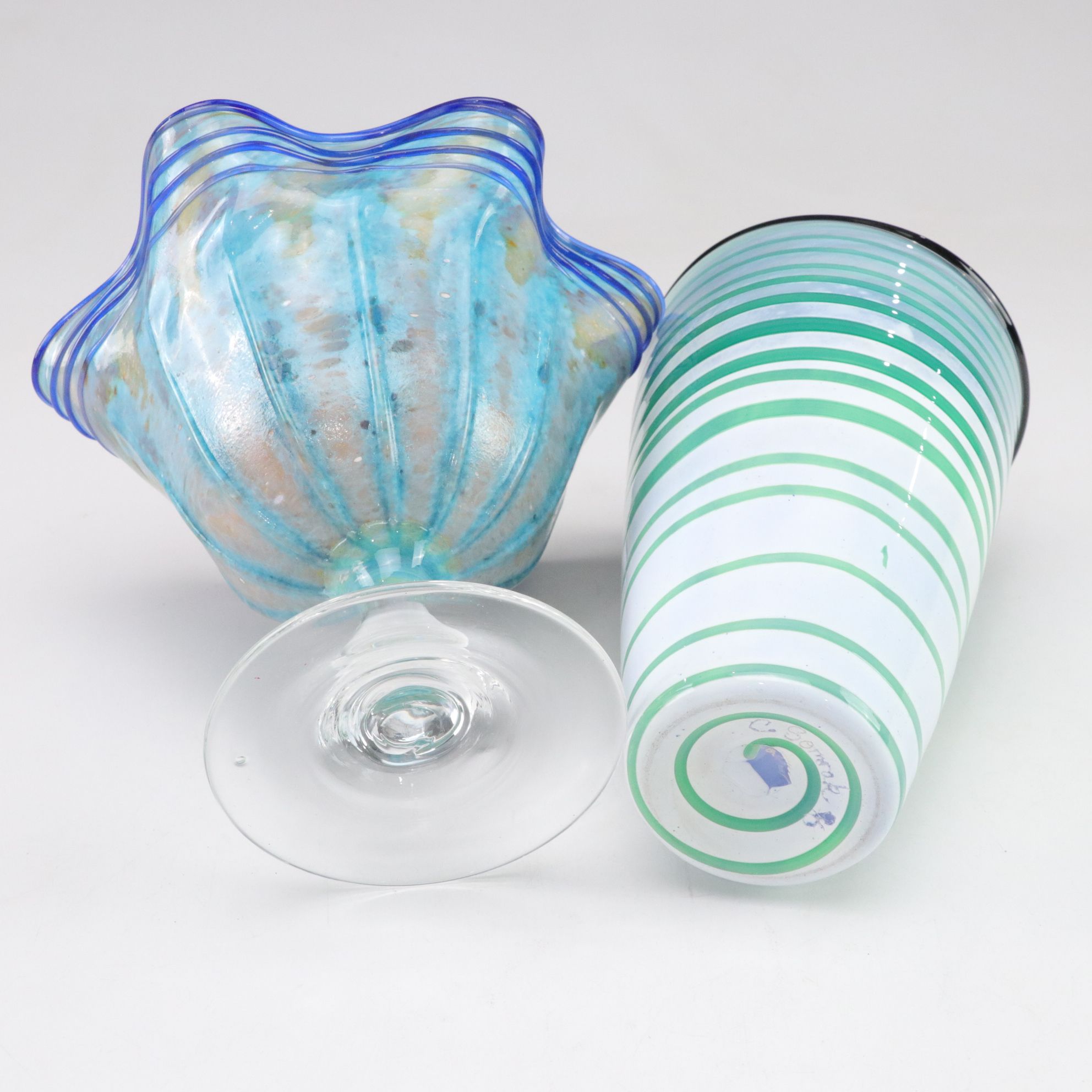 Murano Glass Color Swirl Compote & Other Blown Glassware