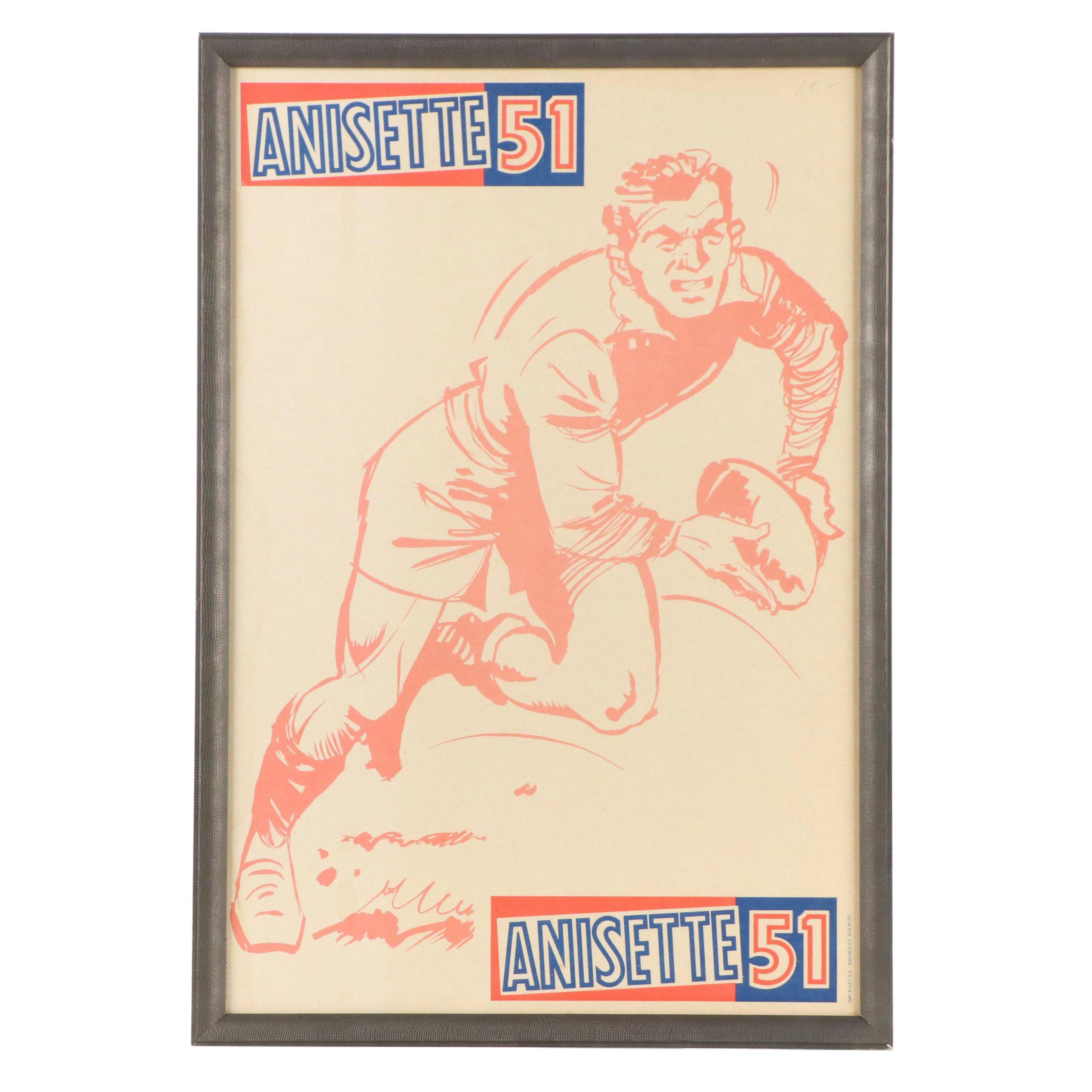 Halftone Advertisement for Anisette 51 with Rugby Player, Circa 1950