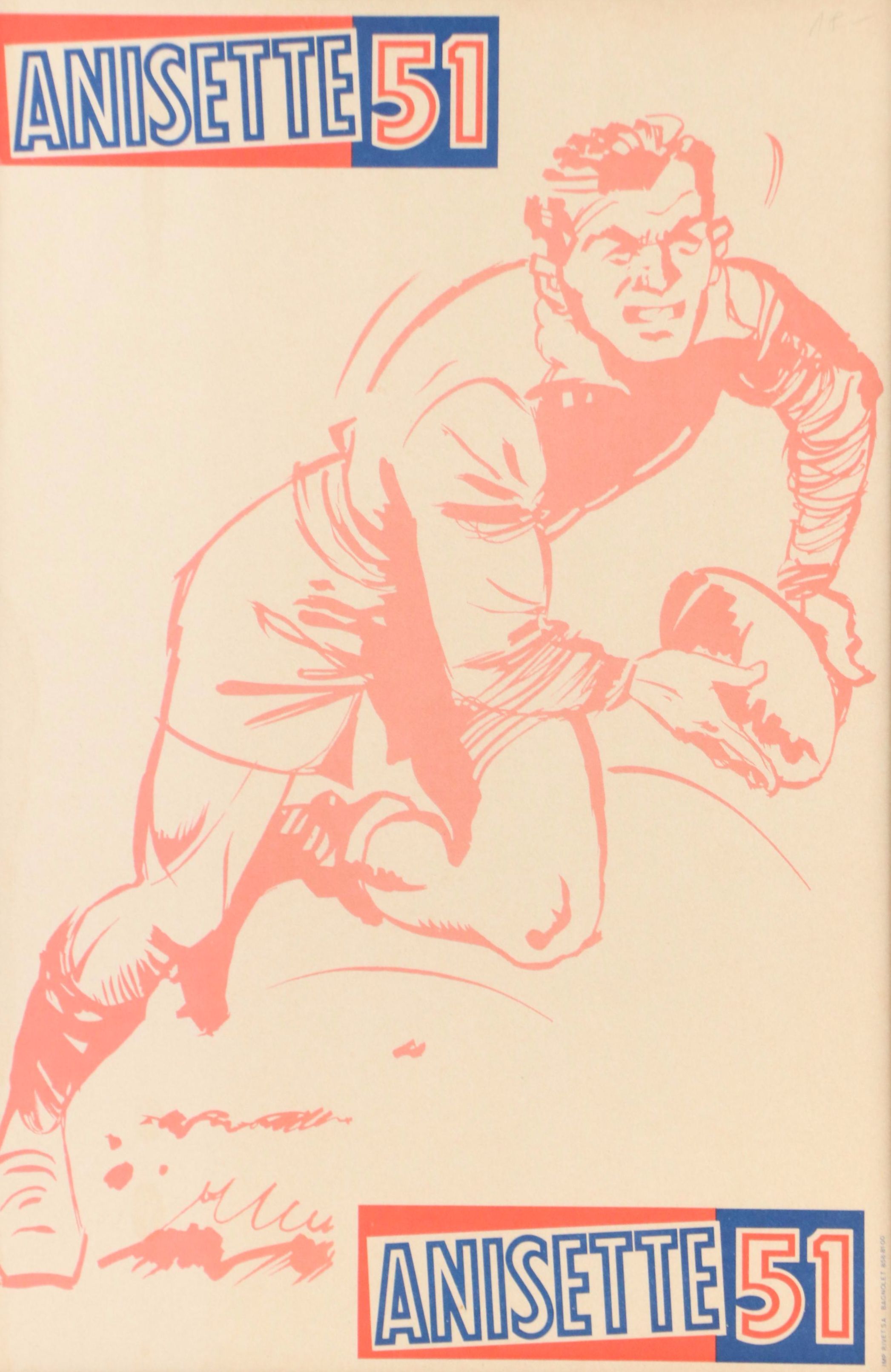 Halftone Advertisement for Anisette 51 with Rugby Player, Circa 1950