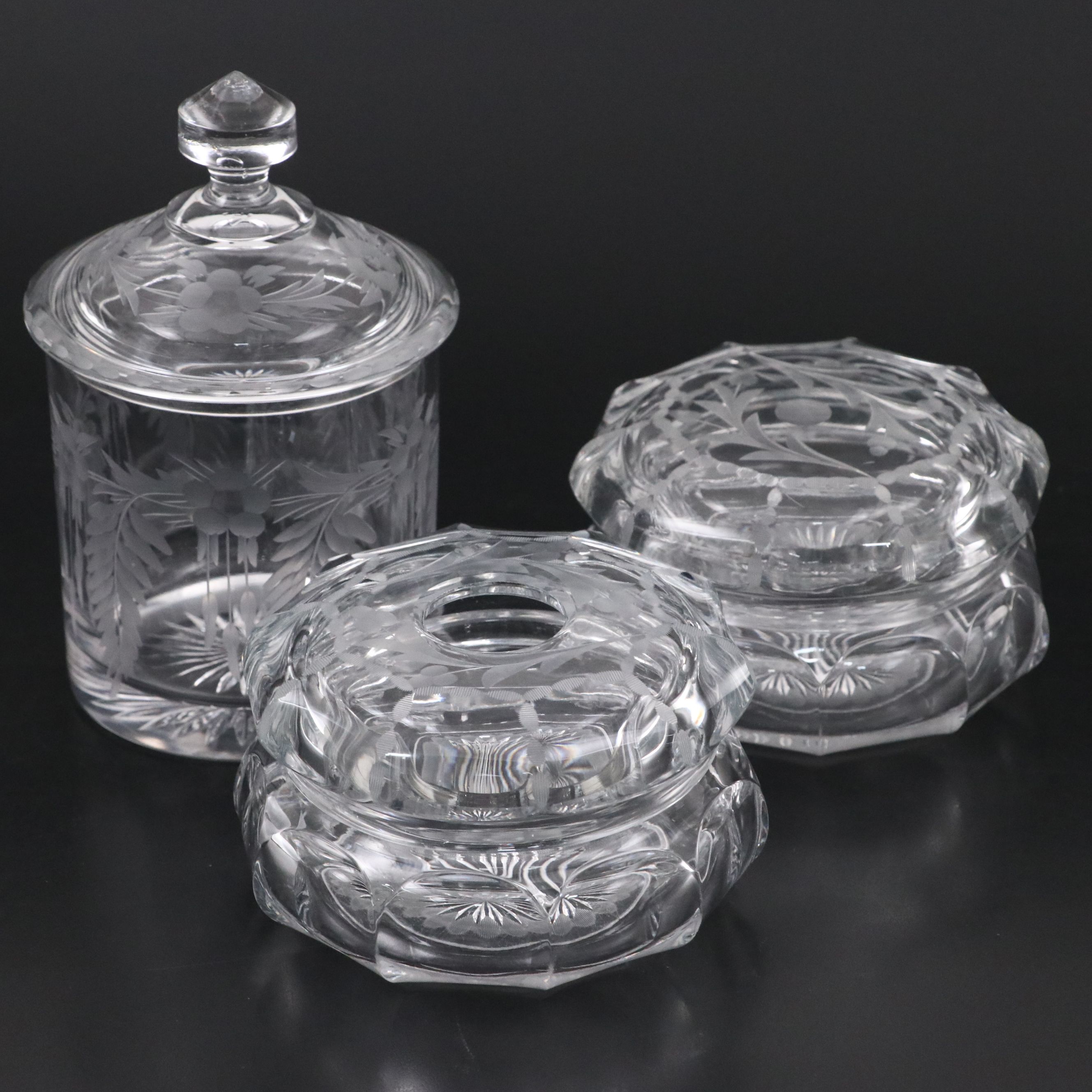 Heisey Glass Cosmetic Jar, Hair Receiver, and Lidded Jar, Early to Mid-20th C.