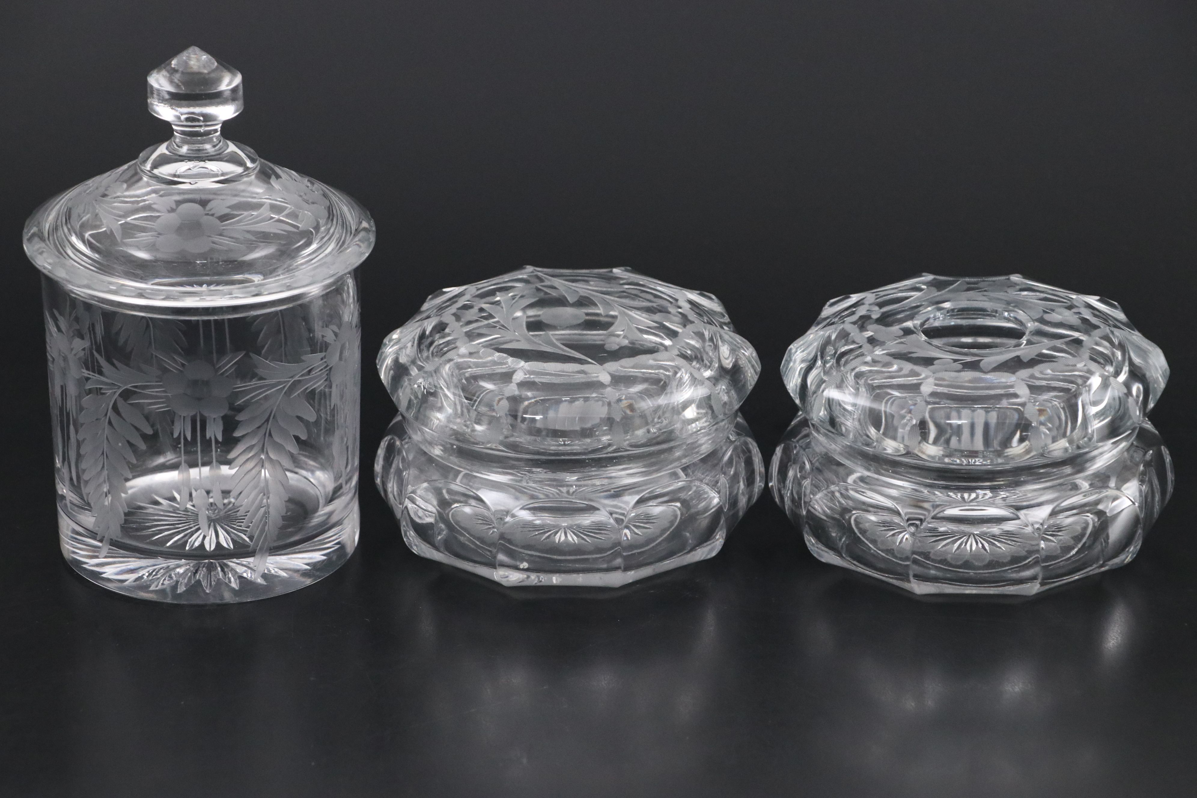 Heisey Glass Cosmetic Jar, Hair Receiver, and Lidded Jar, Early to Mid-20th C.
