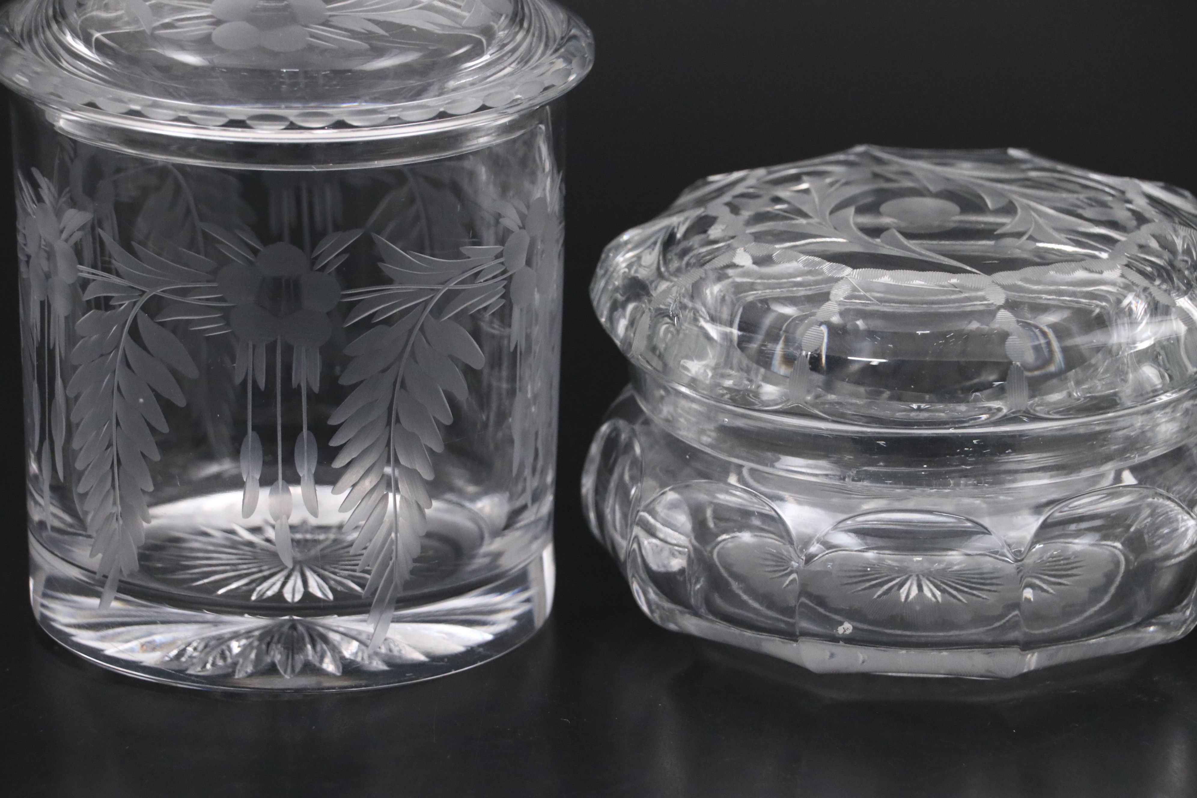 Heisey Glass Cosmetic Jar, Hair Receiver, and Lidded Jar, Early to Mid-20th C.