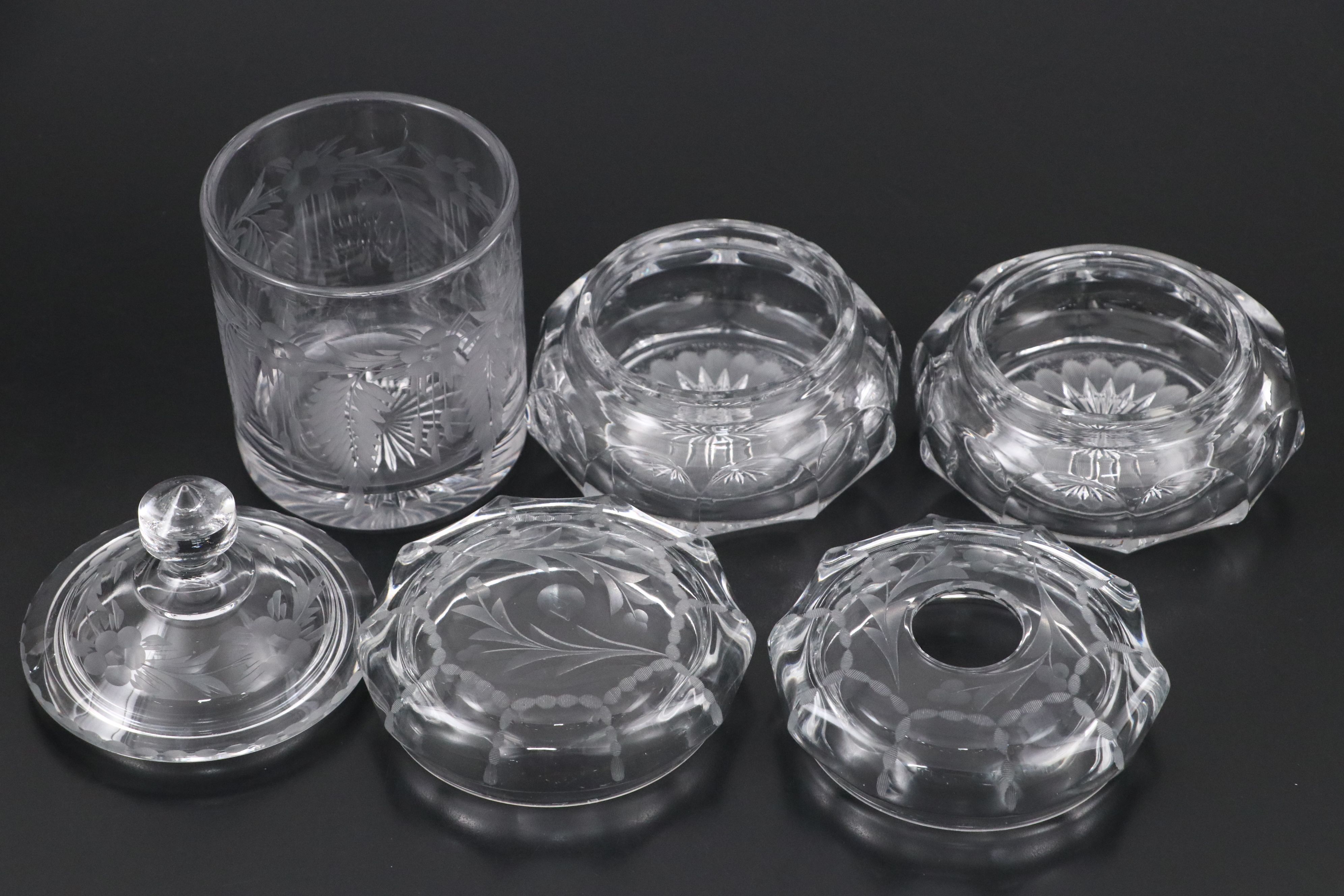 Heisey Glass Cosmetic Jar, Hair Receiver, and Lidded Jar, Early to Mid-20th C.