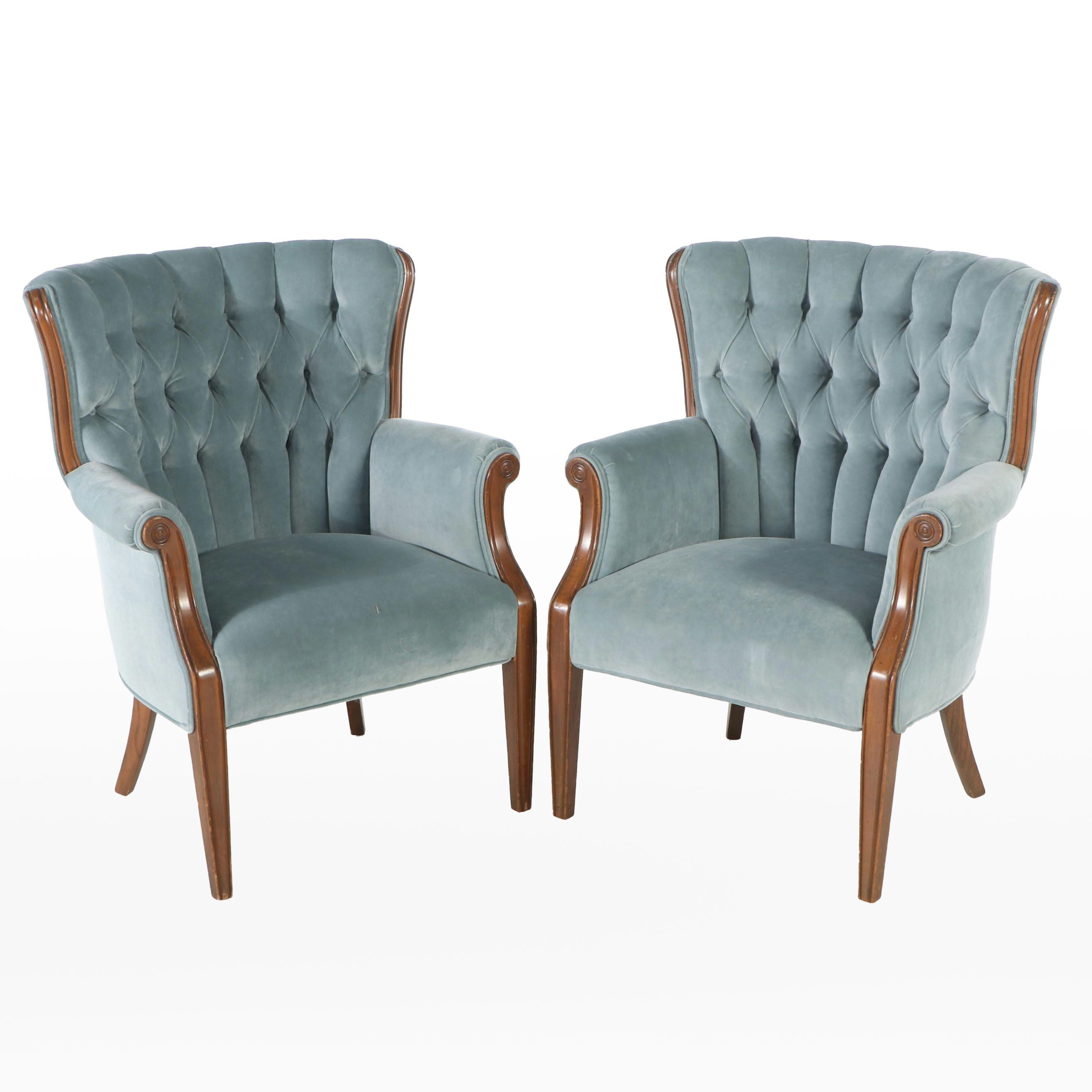 Pair of Regency Style Button-Tufted Velvet Upholstered Walnut Armchairs