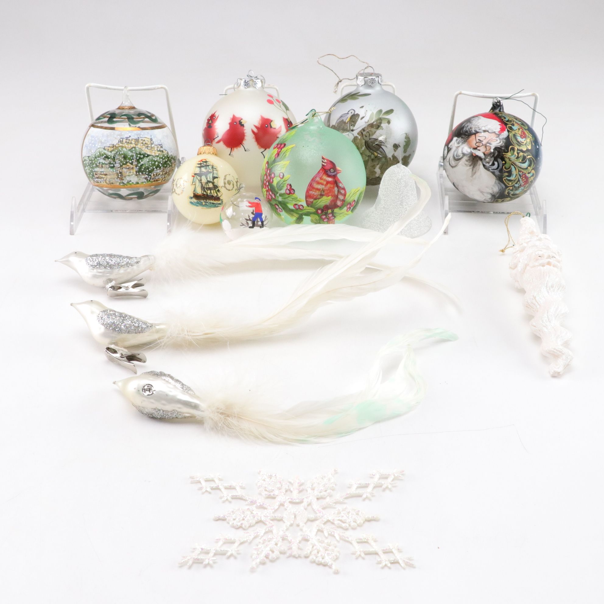 Hand-Blown Painted Cardinal Ornament with More Creme & Gold Christmas Ornaments