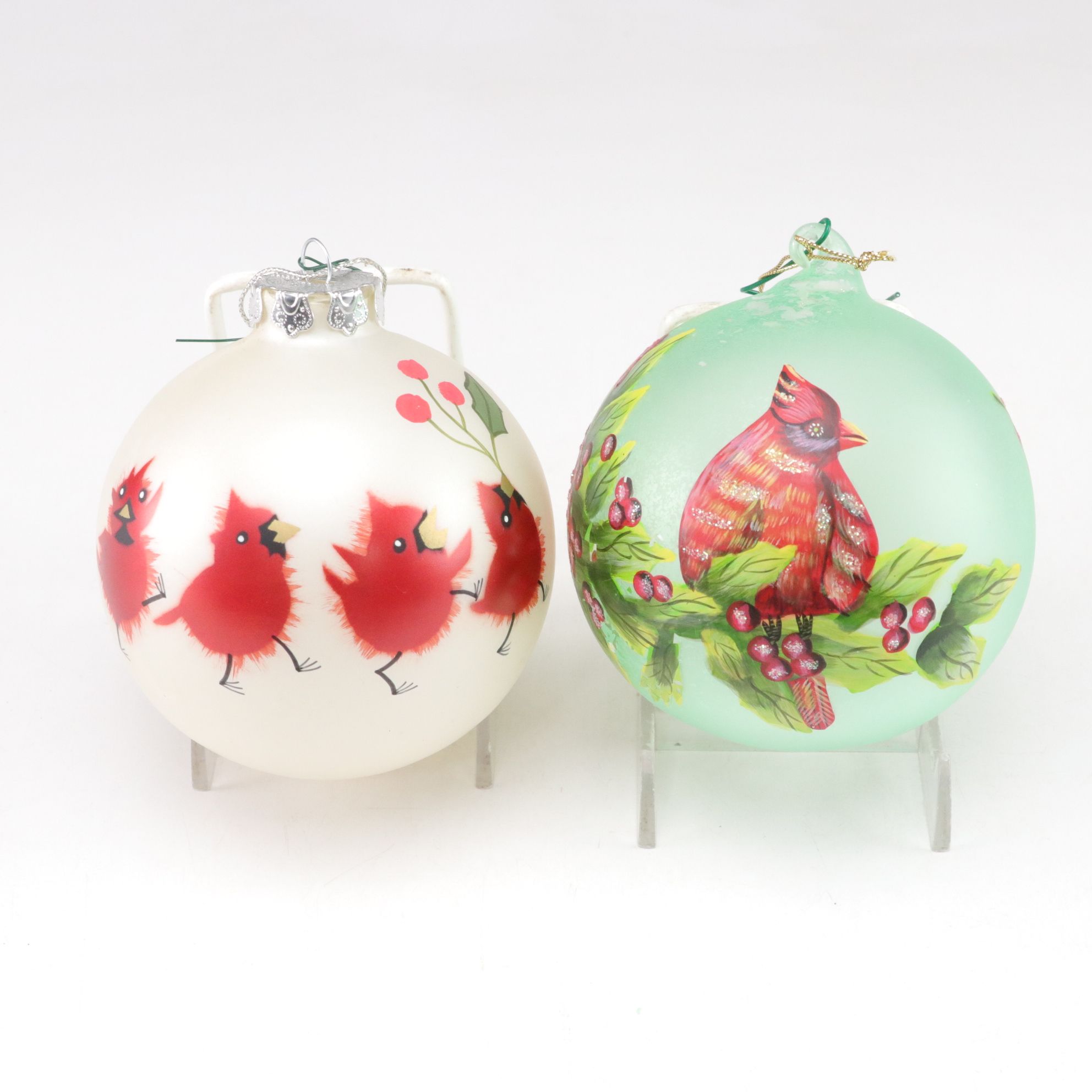 Hand-Blown Painted Cardinal Ornament with More Creme & Gold Christmas Ornaments