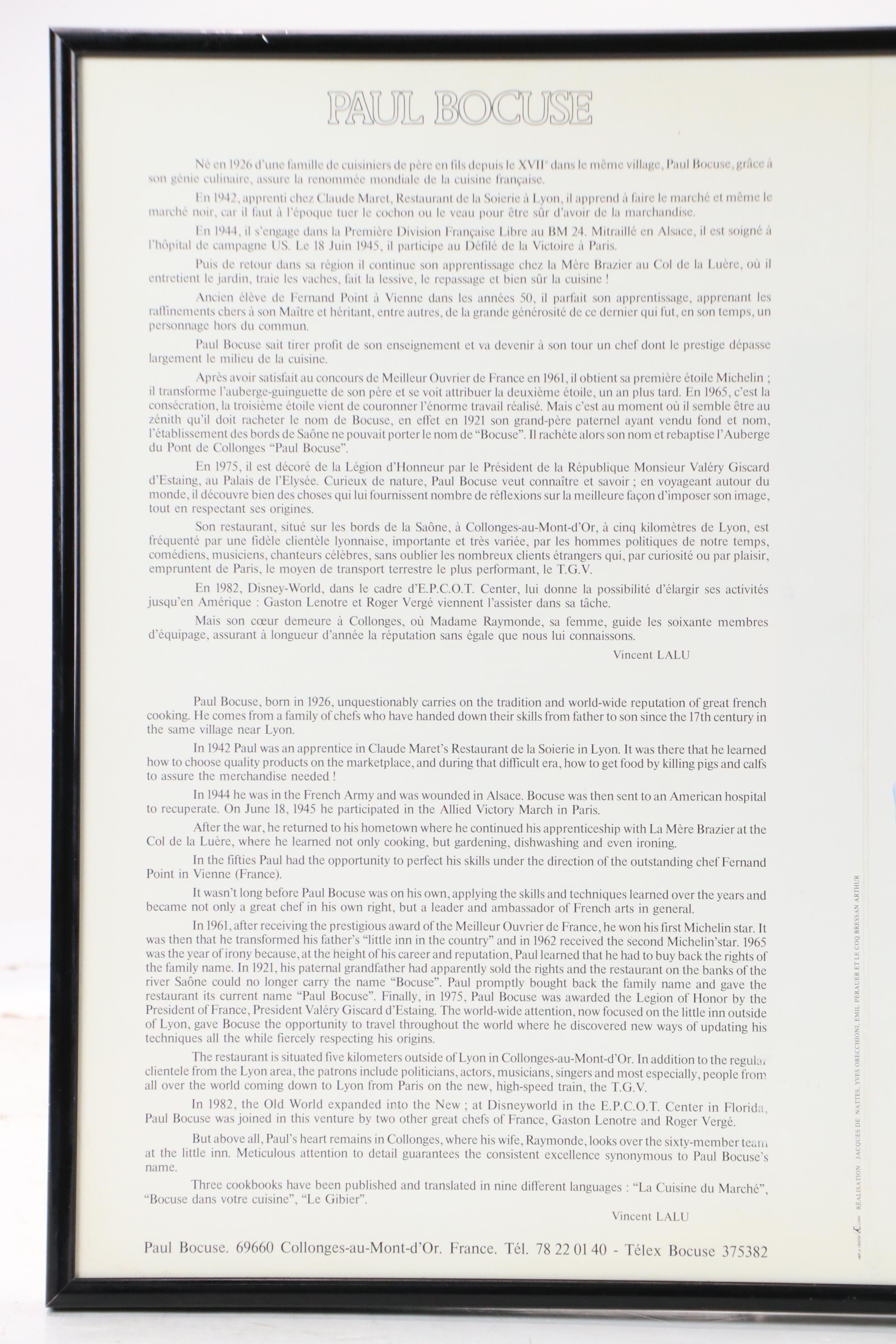 Autographed Menu from Restaurant Paul Bocuse, 1986