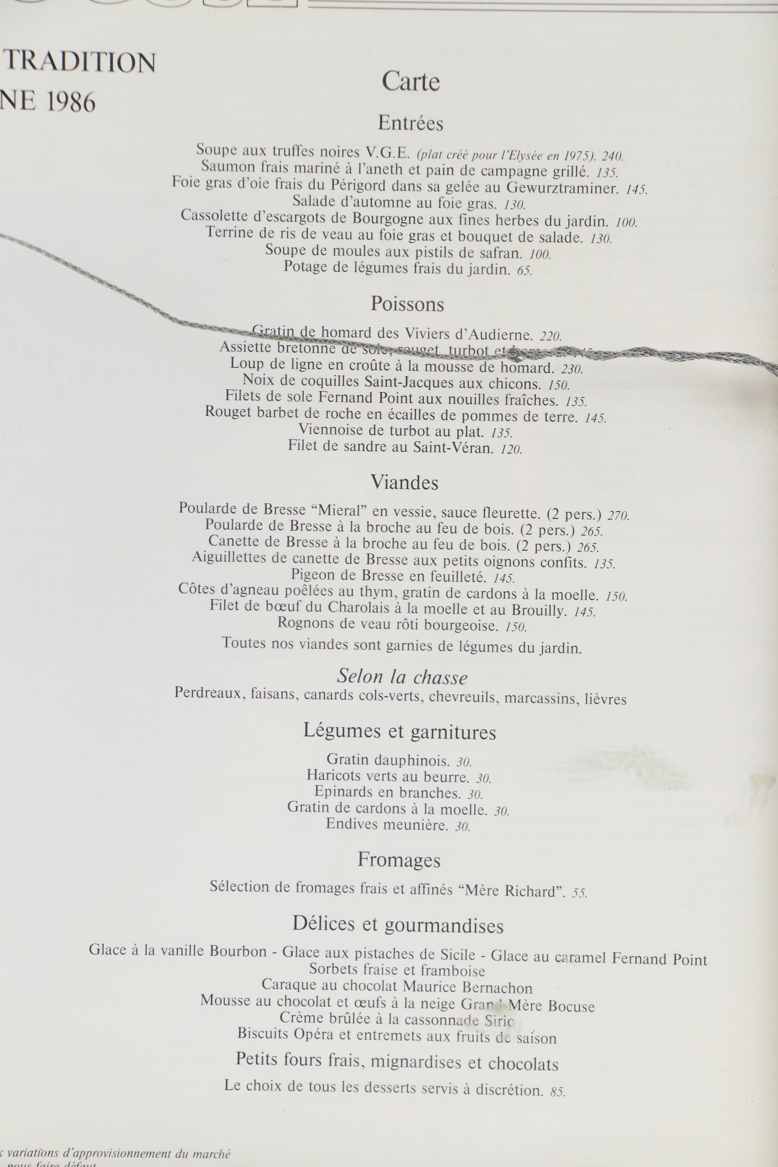 Autographed Menu from Restaurant Paul Bocuse, 1986