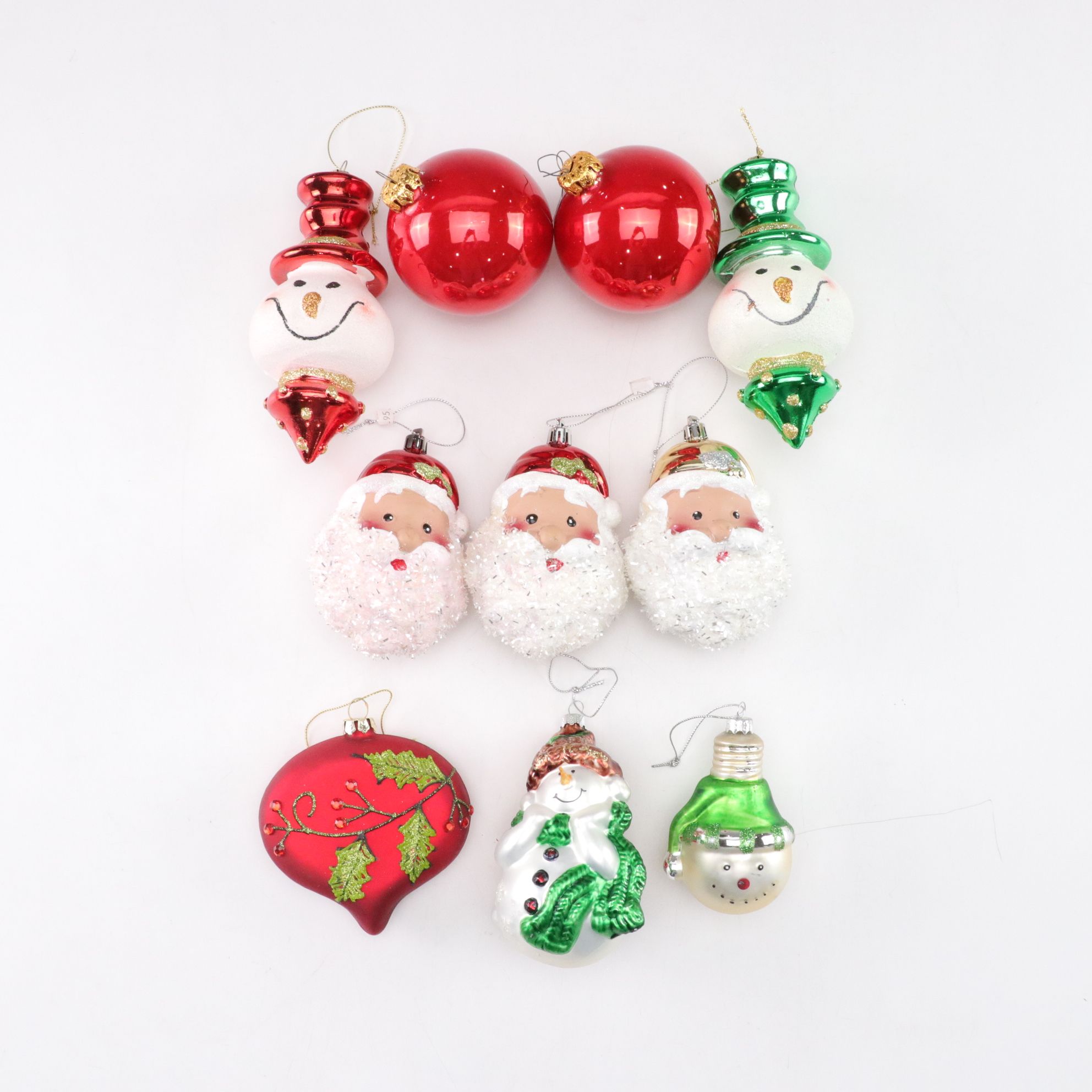 Glitter and Hand-Blown Glass Santa Claus and Snowman Ornaments in Collection