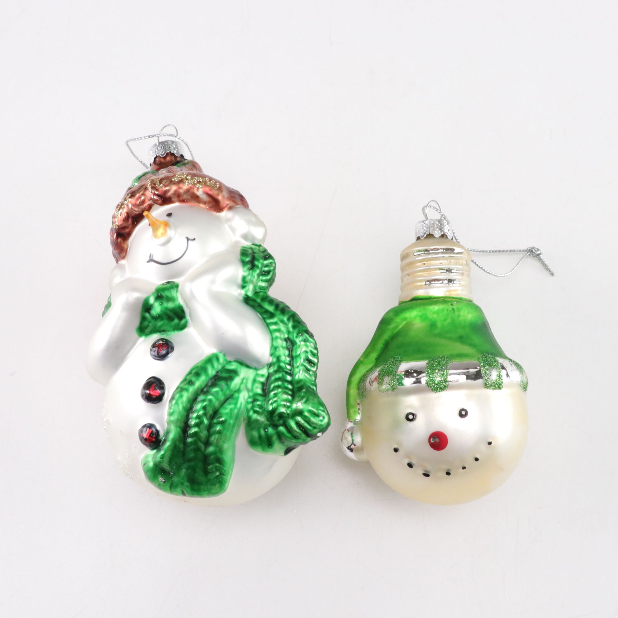 Glitter and Hand-Blown Glass Santa Claus and Snowman Ornaments in Collection