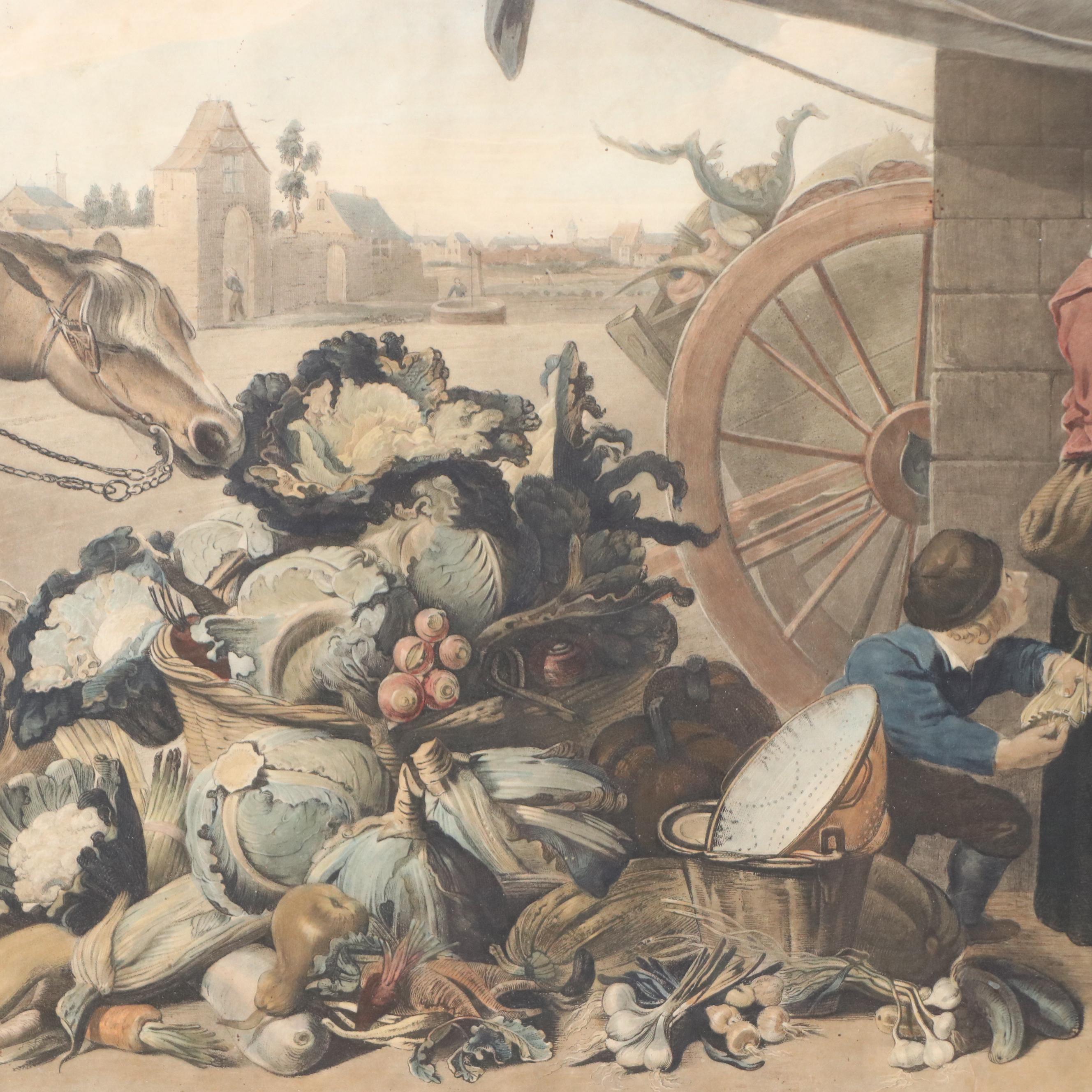 After John Boydell Hand-Colored Lithograph "A Herb Market," Late 19th Century