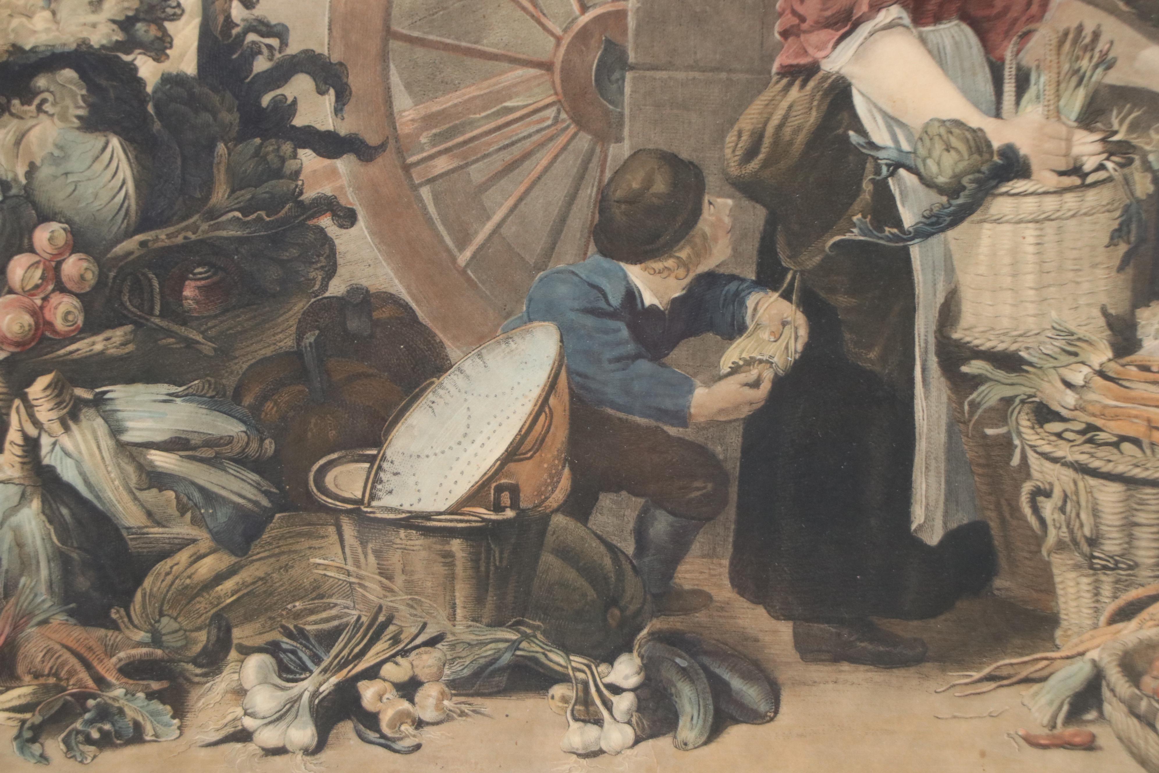 After John Boydell Hand-Colored Lithograph "A Herb Market," Late 19th Century